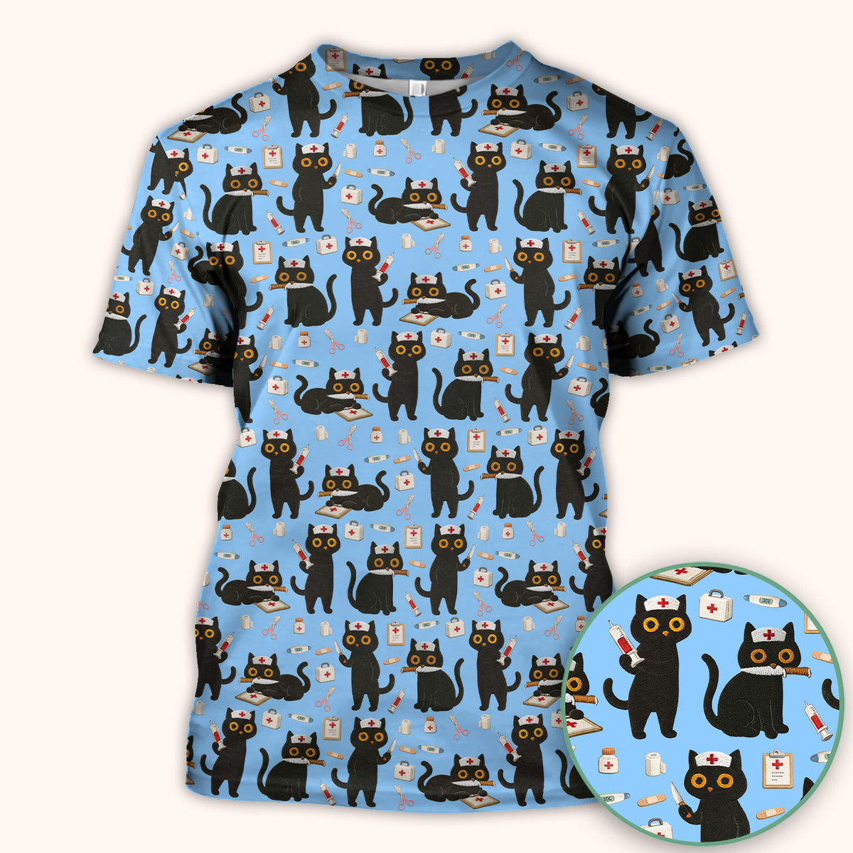 Cute Black Cat Nurse Pattern Scrub Top, Comfortable Scrubs for Nurses