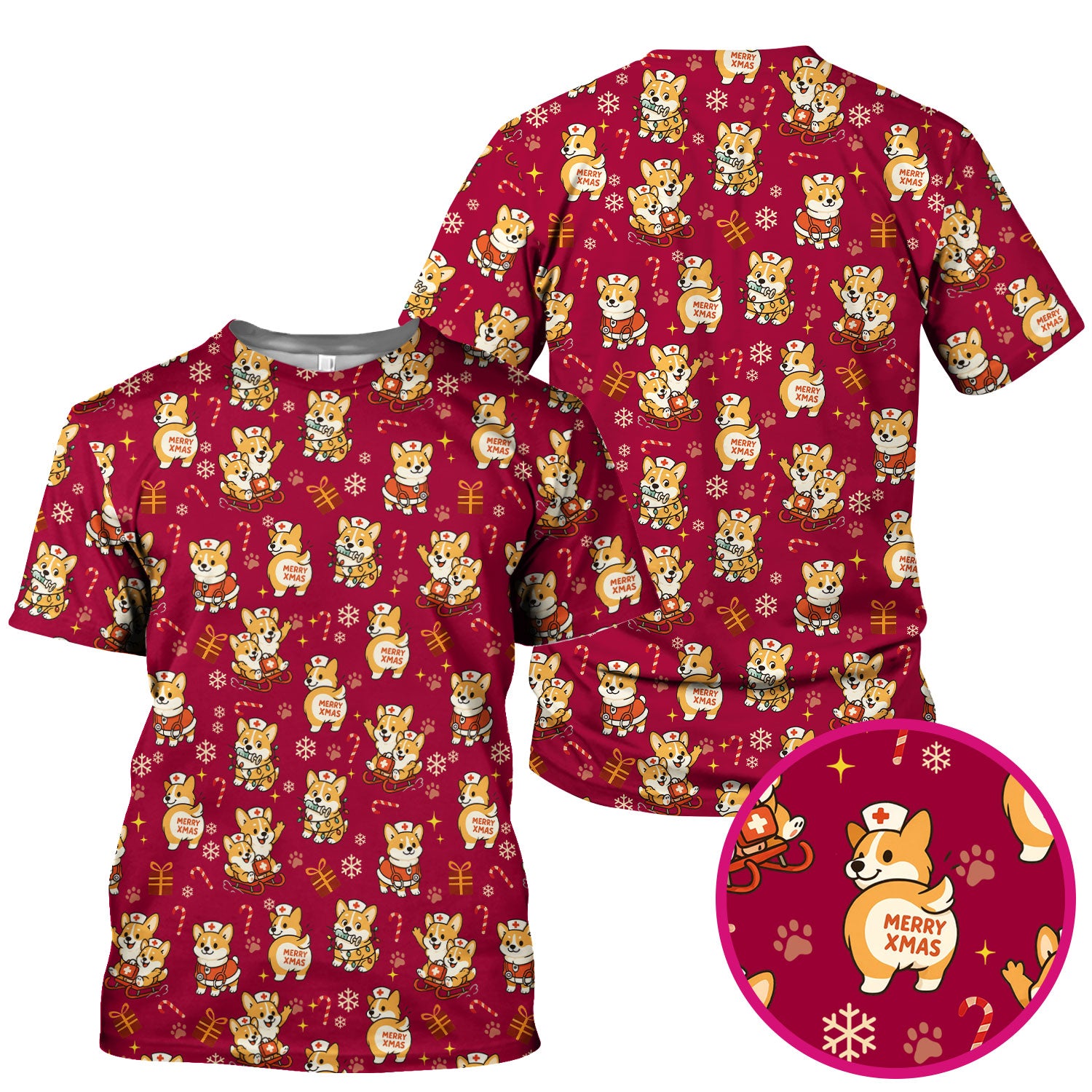Cute Corgi Dog Scrubs for Christmas - Festive Puppy Pattern Medical Scrub Top - Holiday Christmas Scrubs with Charming Corgi Print