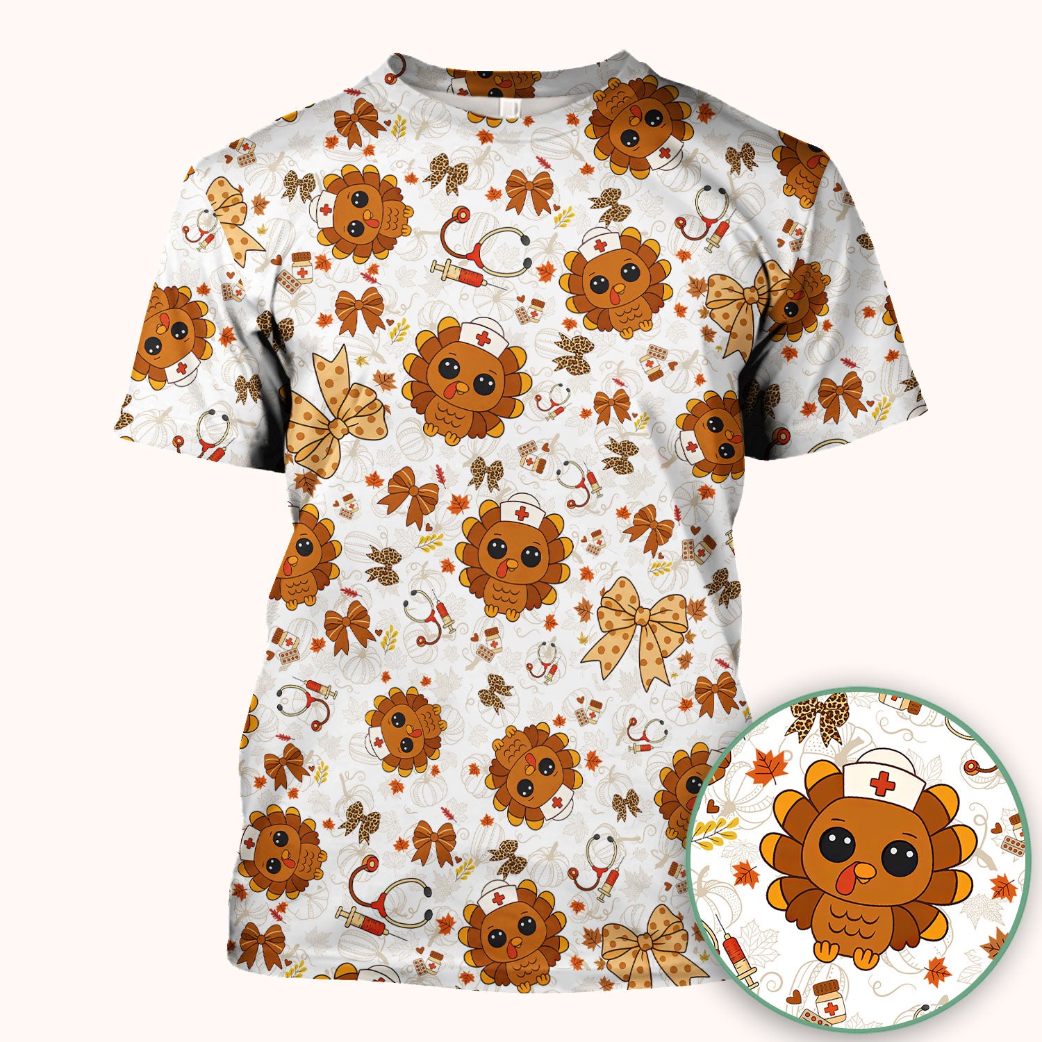 Thanksgiving Turkey Nurse Scrub Top for Women - Cute Fall Leaves and Bow Shirt - Autumn Medical Shirt Gift for RN CNA LPN Doctor