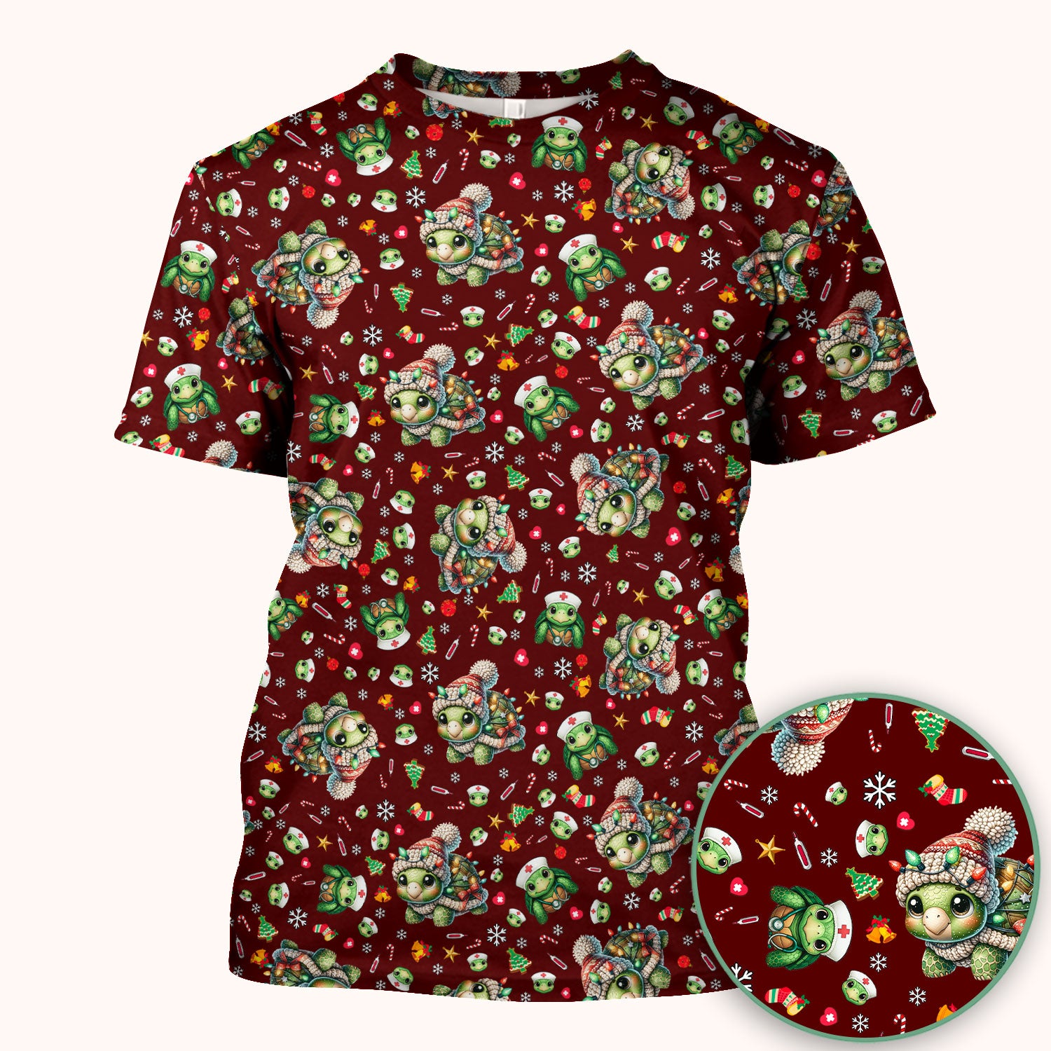 Christmas Turtle Scrub Top - Cute Funny Nurse Shirt - Holiday Medical Uniform for Women RN LPN CNA Gift Idea
