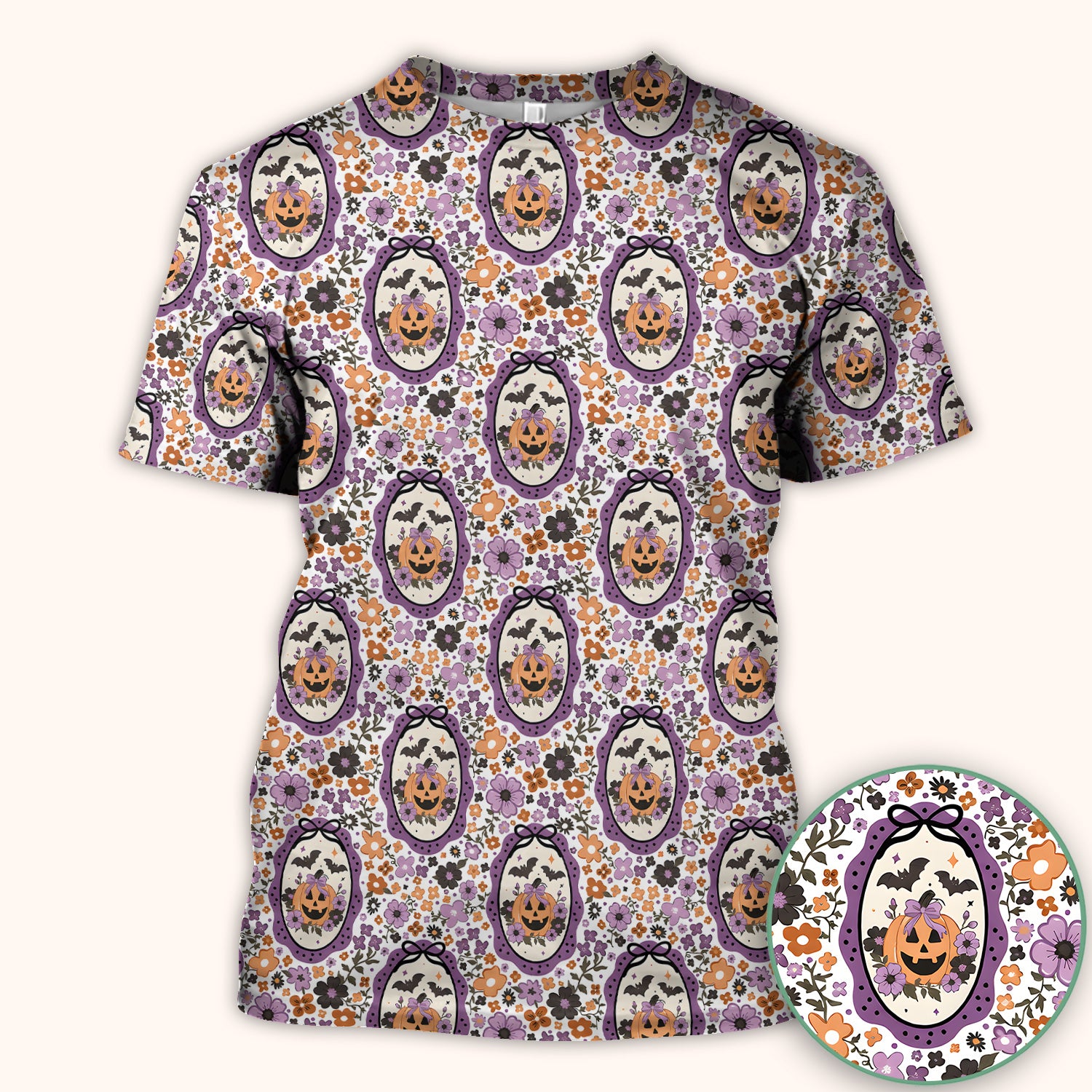 Halloween Pumpkin with Floral Print Scrub Top, Comfortable Scrubs for Nurses
