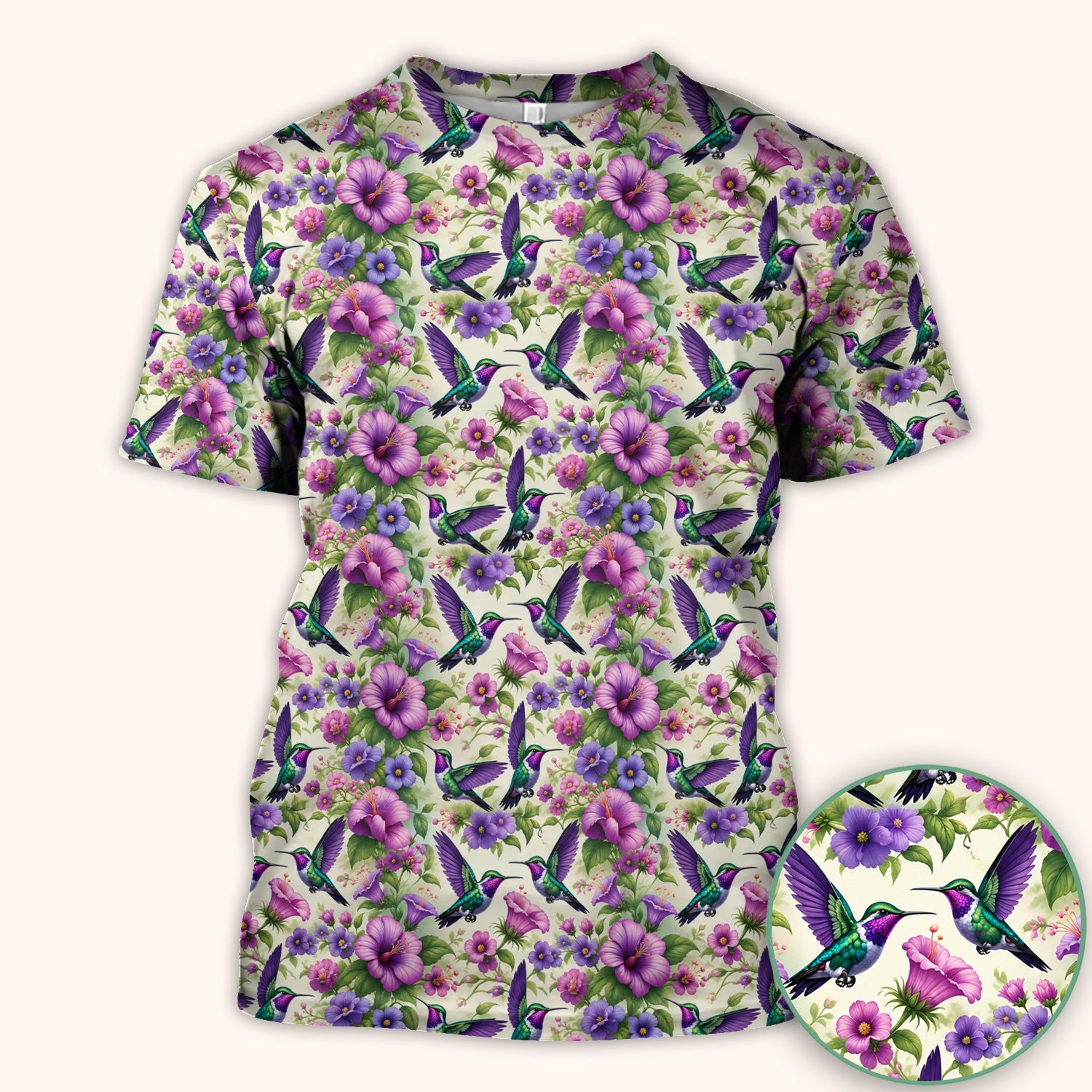 Purple Hummingbird Hibiscus Floral Pattern Scrub Top, Comfortable Scrubs for Nurses