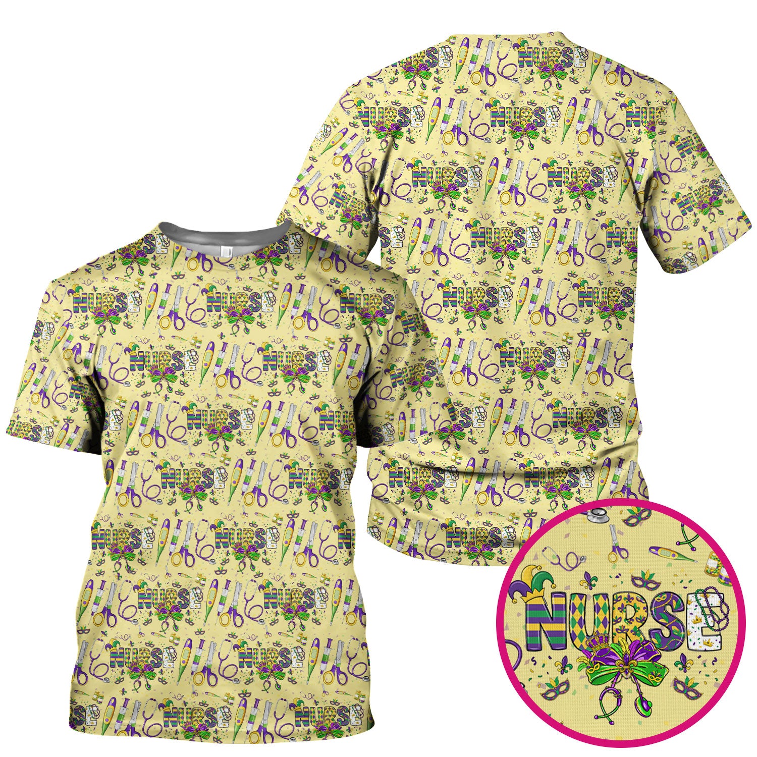 Mardi Gras Nurse Scrub Top, Holiday Medical Pattern Nurse Shirt, Breathable Fabrics Nursing Uniform