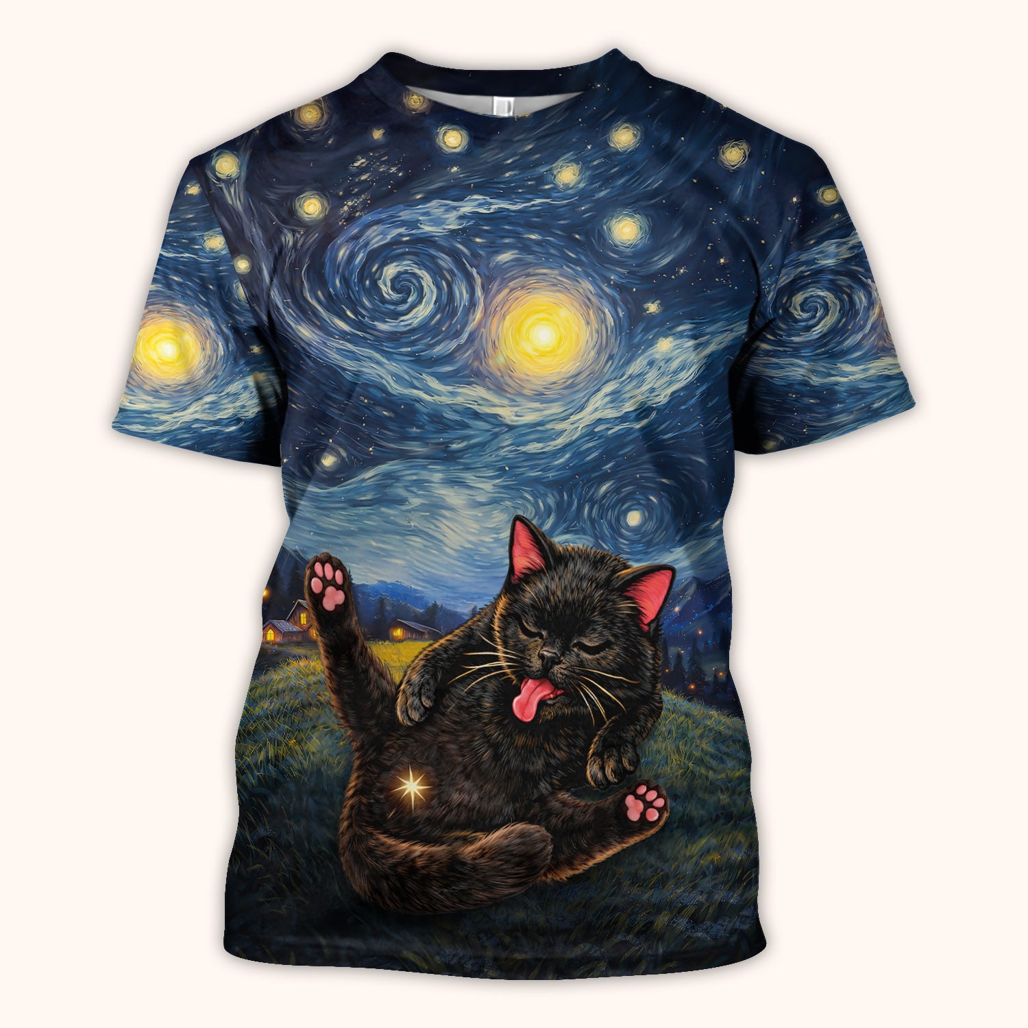 Funny Black Cat Cosmic Night Sky Pattern Scrub Top, Comfortable Scrubs for Nurses
