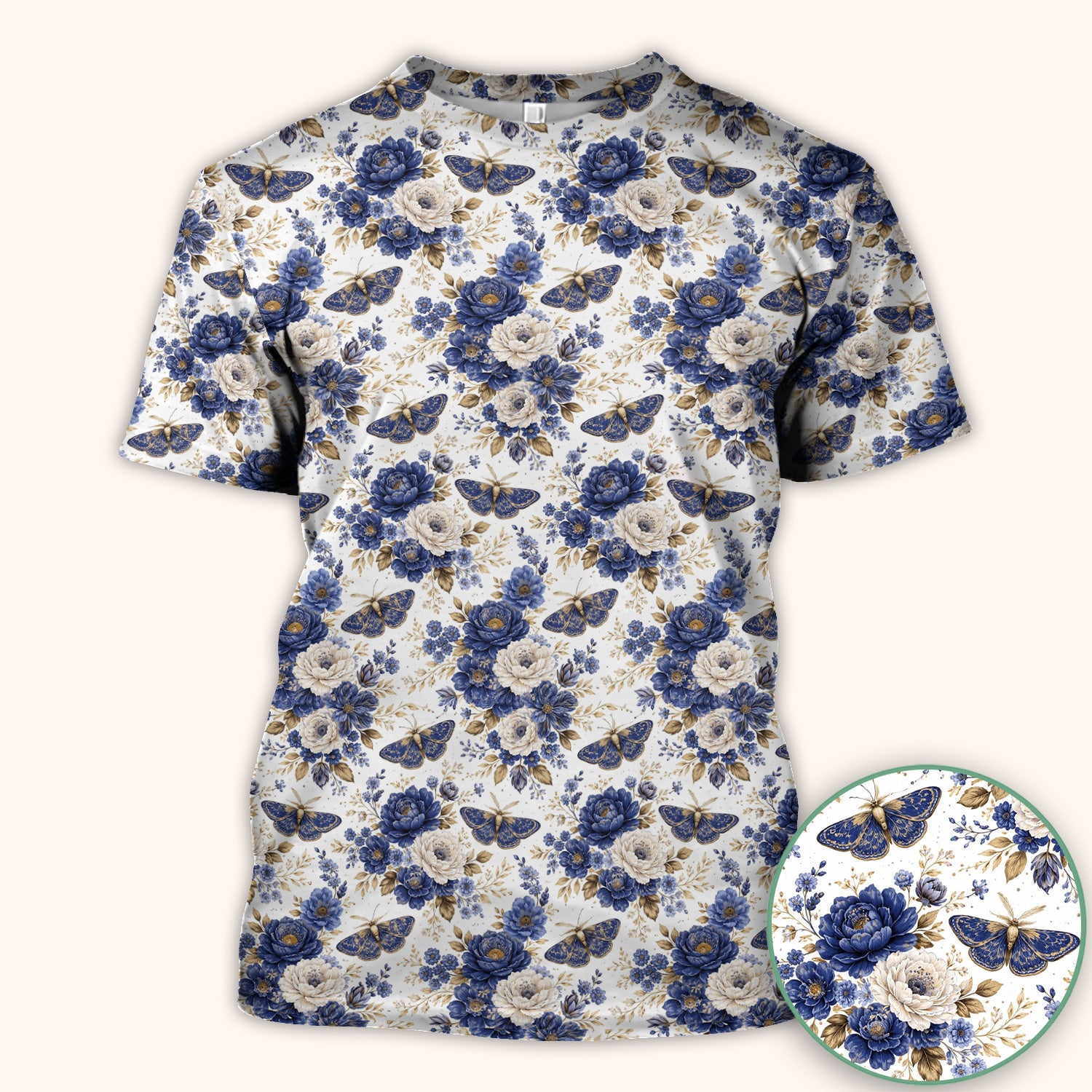 Cute Blue Floral Moth Pattern Scrub Top, Comfortable Scrubs for Nurses