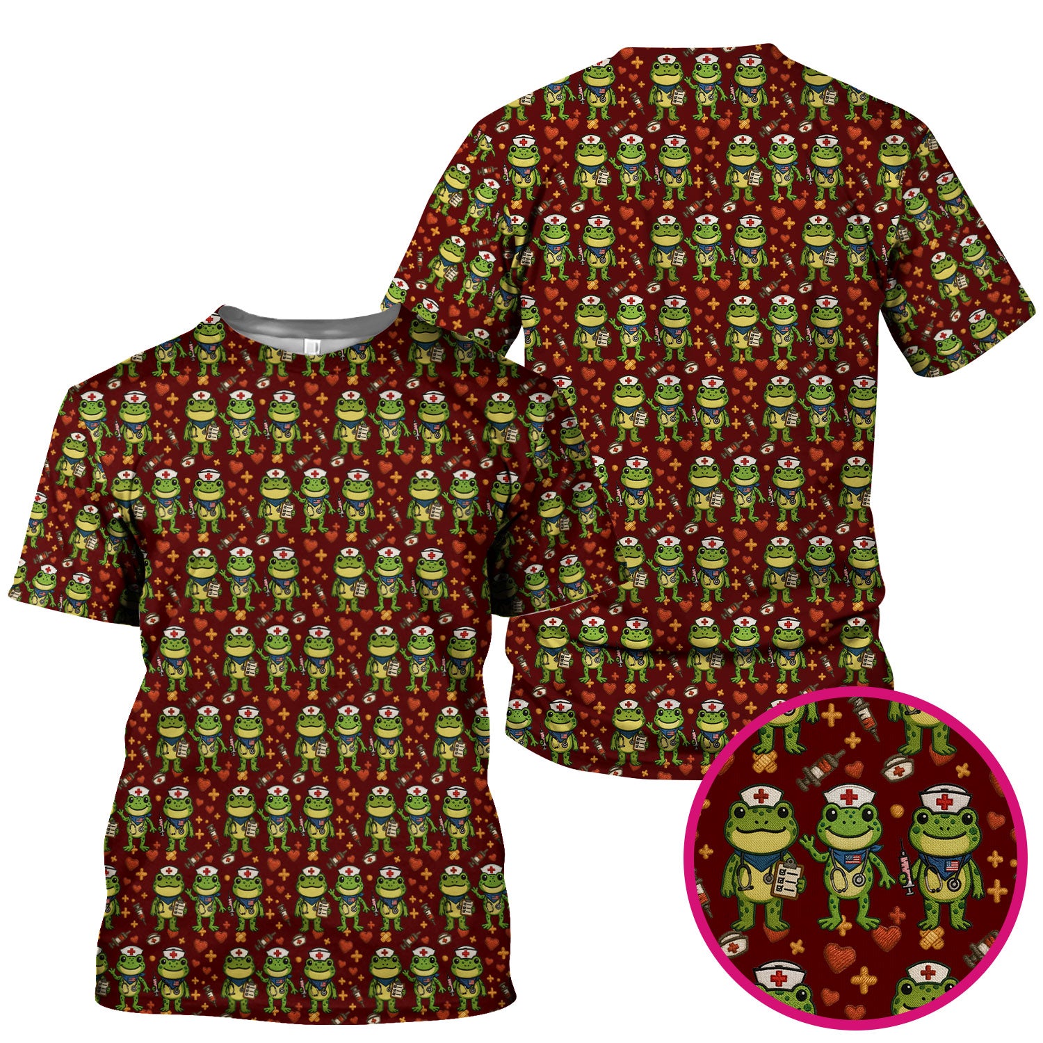 Frog Pattern Scrub Top, Cute Frog Scrub Shirt, Breathable Fabrics Nursing Uniform