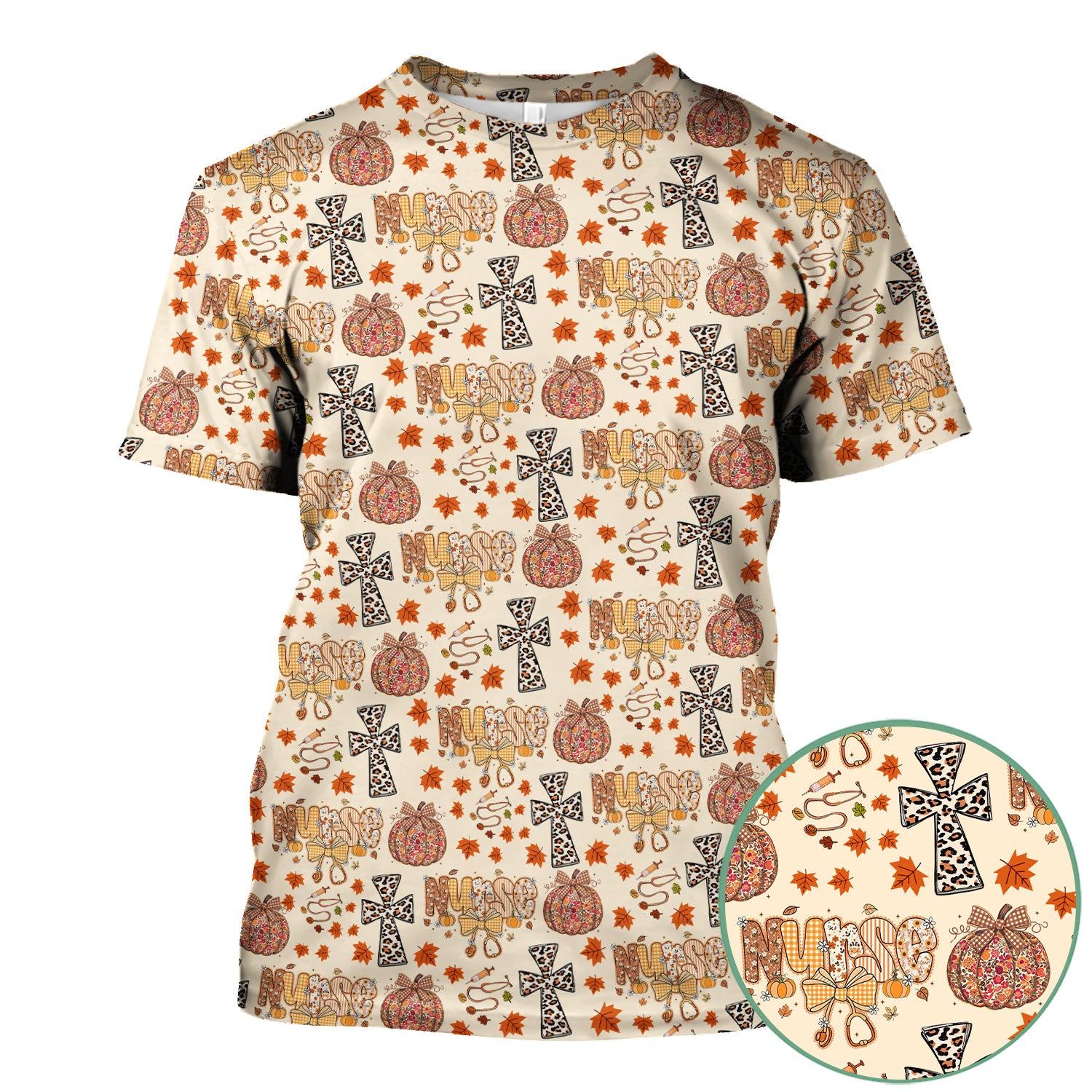 I Will Praise Him In Every Season - Boho Pumpkin Leopard Cross Fall Scrub Top for Nurse - Thanksgiving Med Uniform for Women