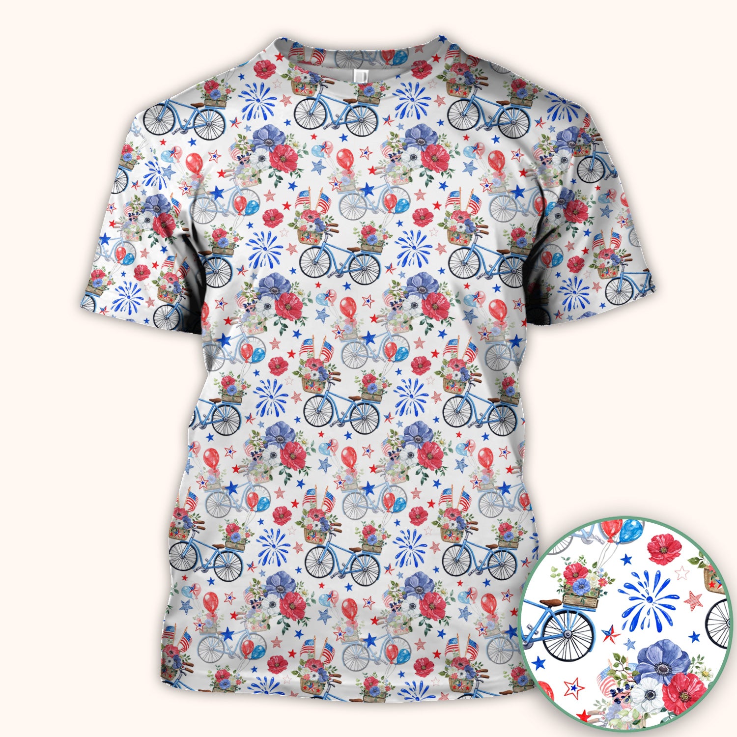 Patriotic Bicycle Floral Fireworks Print Scrub Top, Comfortable Scrubs for Nurses
