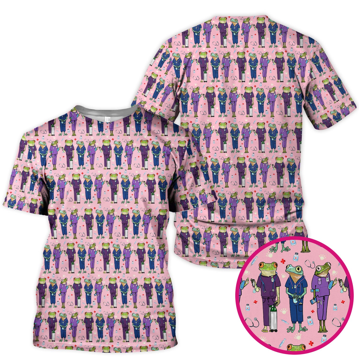 Funny Frog Nurse Pattern Scrub Top, Breathable Healthcare Uniform Top