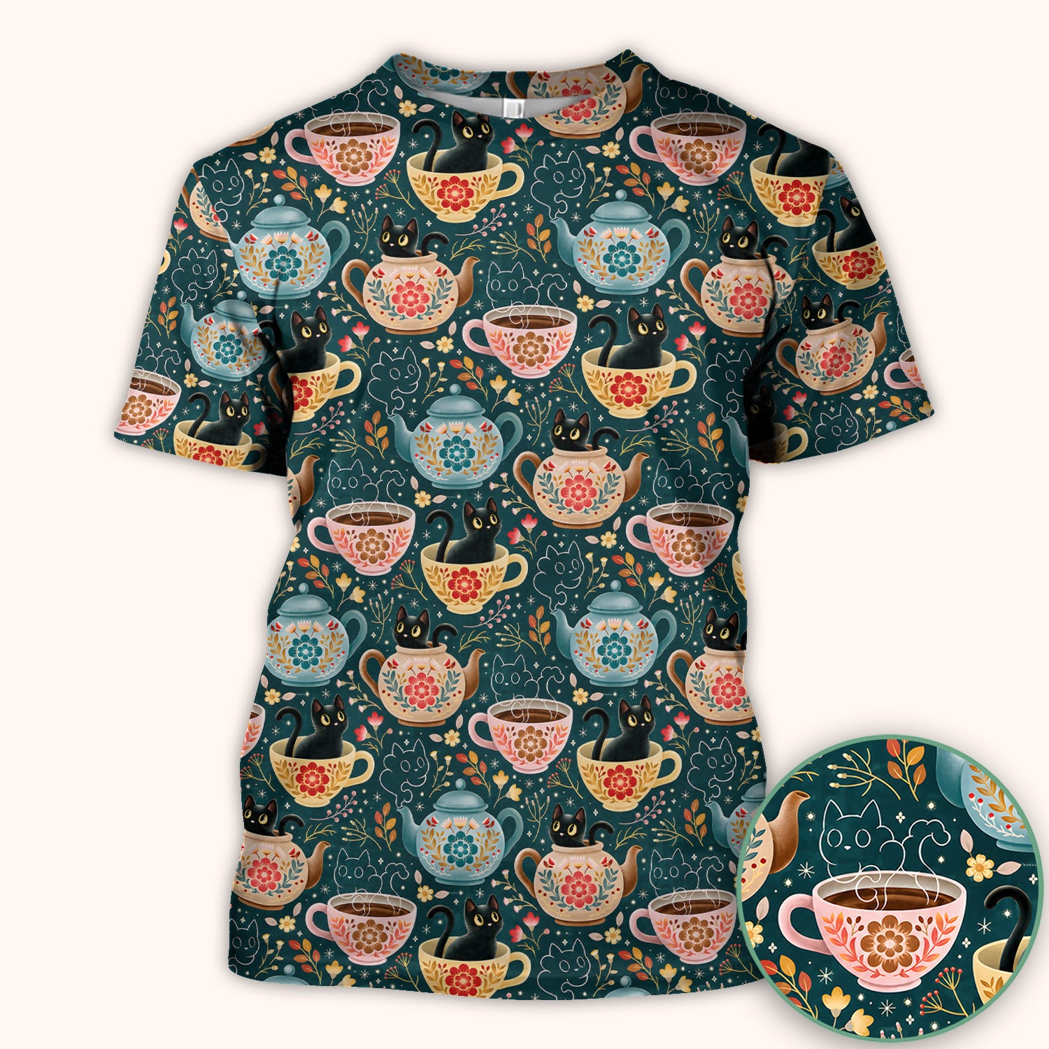 Black Cat Tea Party Veterinary Pattern Scrub Top, Comfortable Scrubs for Nurses