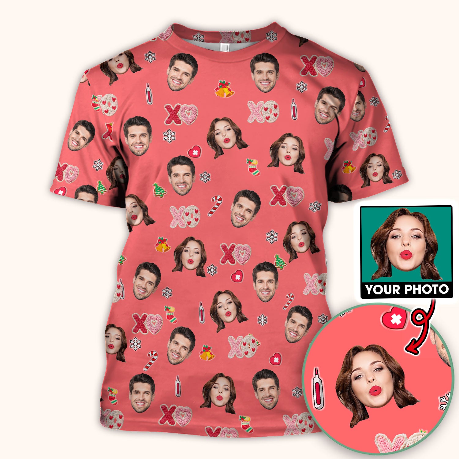 Personalized Photo Scrub Top, Custom Face XOXO Scrub Shirt, Breathable Fabrics Nursing Uniform