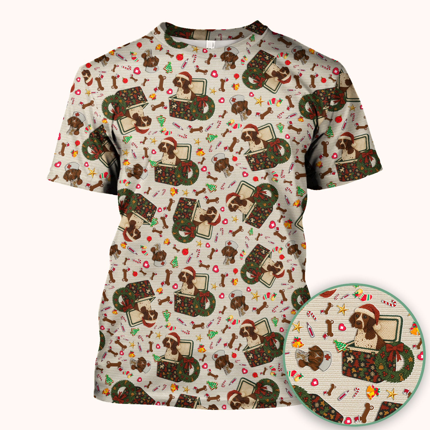 Funny Christmas Dog Scrub Top – Cute Pet Lover Holiday Pattern – Festive Medical Uniform for Nurses and Animal Care Workers