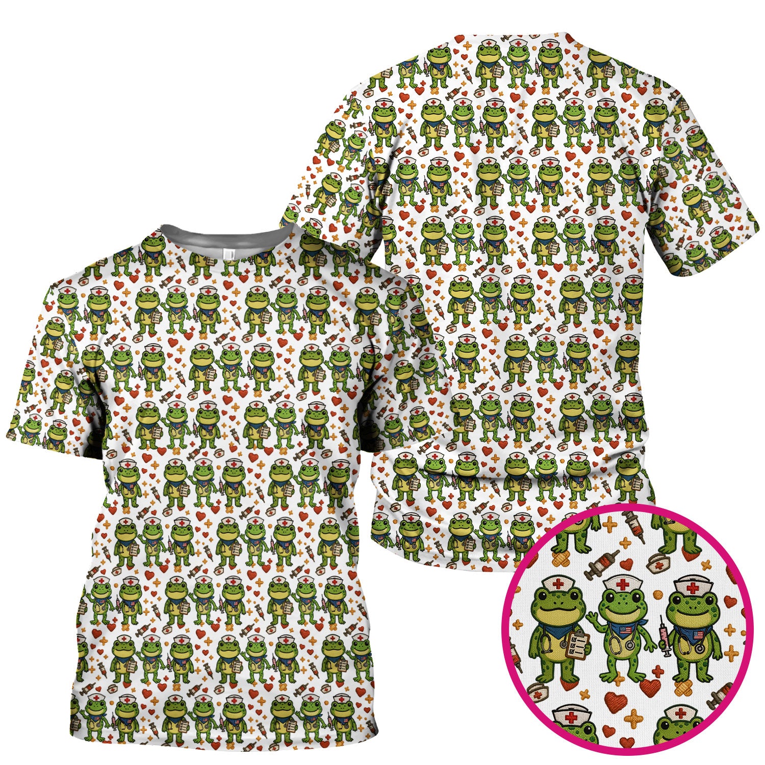 Frog Pattern Scrub Top, Cute Frog Scrub Shirt, Breathable Fabrics Nursing Uniform