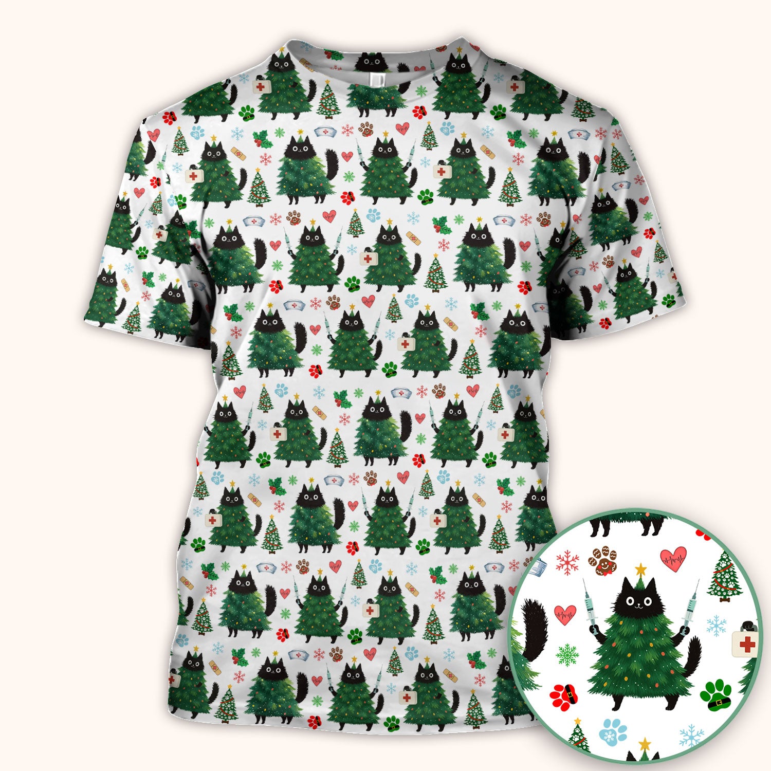 Christmas Nurse Scrub Top, Xmas Black Cat Pattern Nurse Shirt,  Breathable Fabrics Nursing Uniform