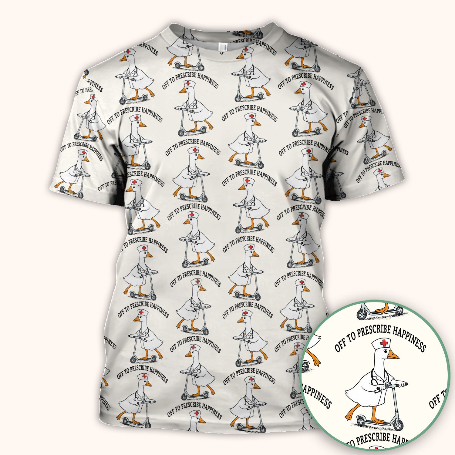 Nurse Goose Scooter Print Scrub Top, Breathable Fabrics Nursing Uniform