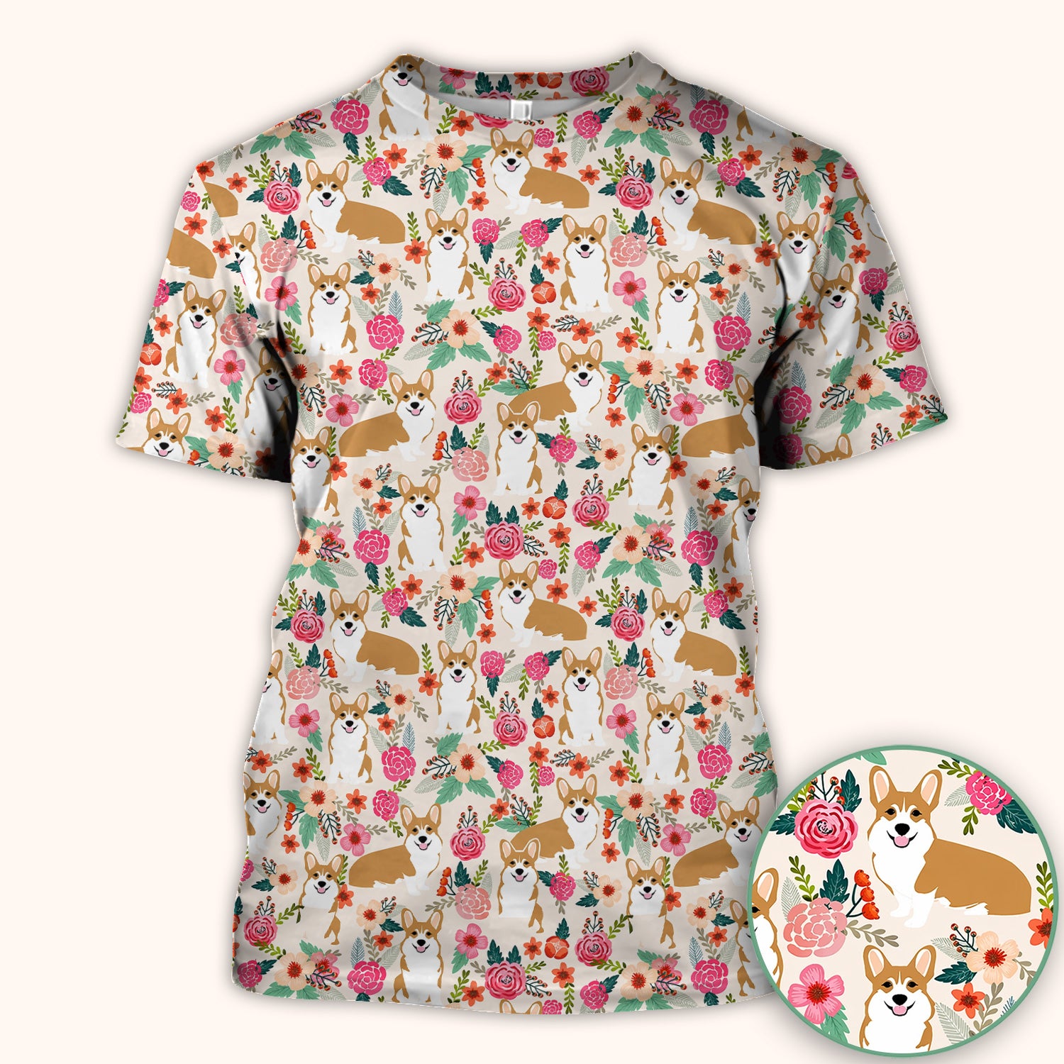 Cute Corgi Dog Floral Garden Pattern Nurse Scrub Top, Comfortable Scrubs for Nurses