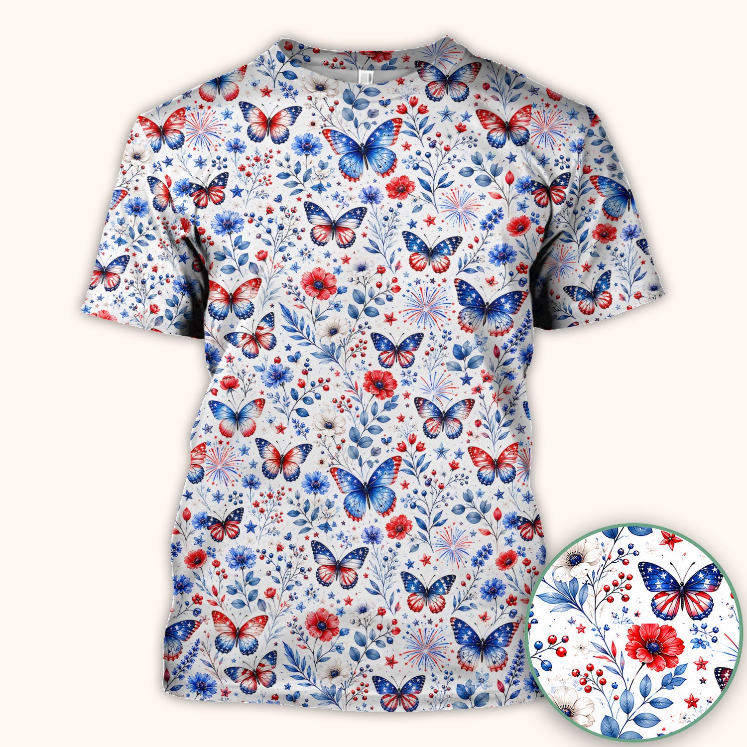 Patriotic Butterfly Fireworks Floral Pattern Scrub Top, Comfortable Scrubs for Nurses