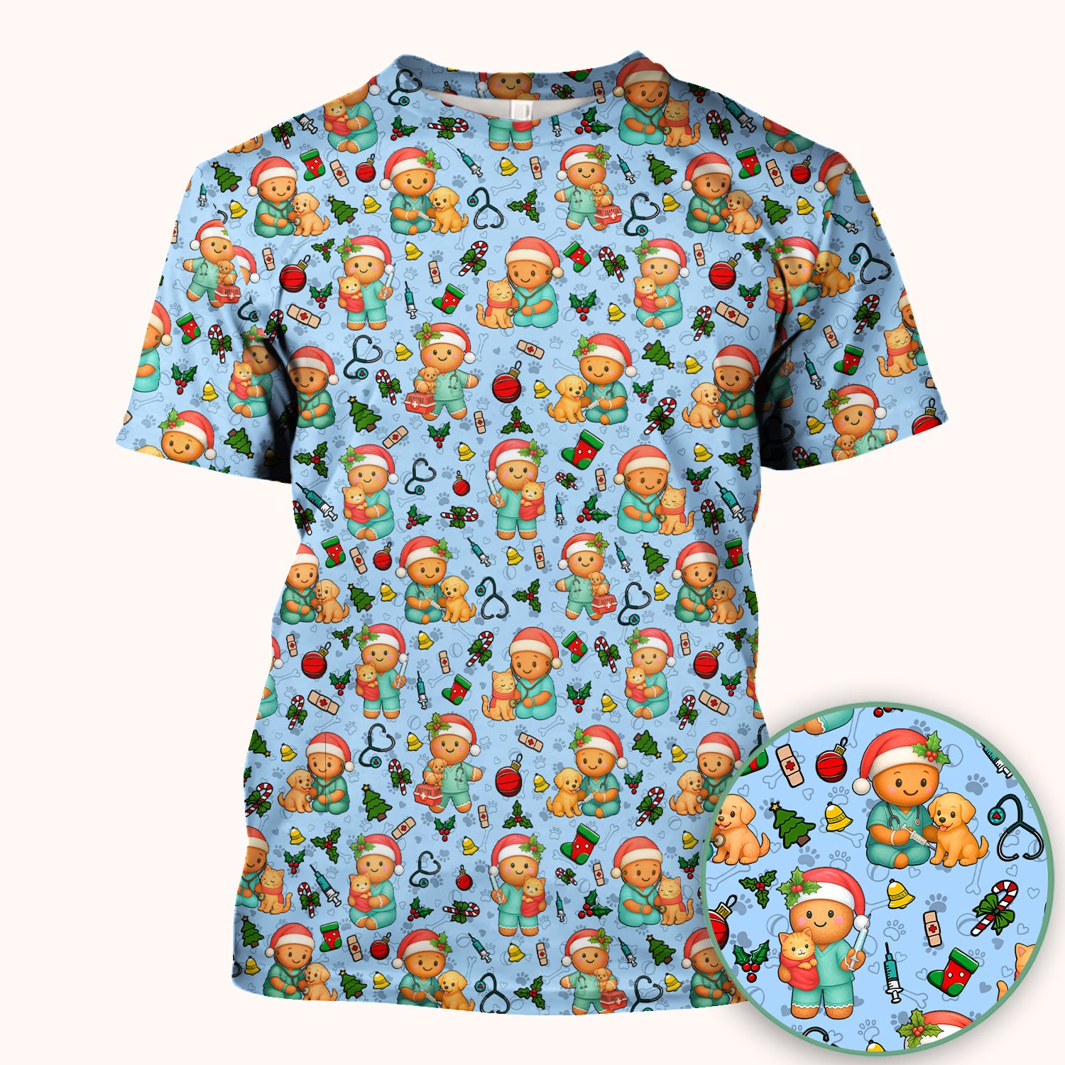 Cute Pharmacy Christmas Scrub Top – Funny Gingerbread Nurse Print Shirt – Festive Holiday Medical Uniform for Pharmacy Tech and Doctor