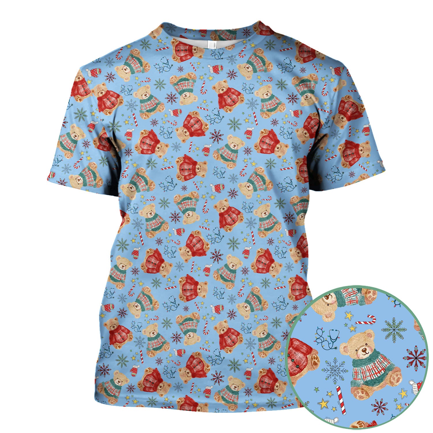 Christmas Bear Scrub Top - Cute Holiday Teddy Print Scrubs for Nurses - Funny Xmas Medical Scrub Shirt Gift for Women CNA RN