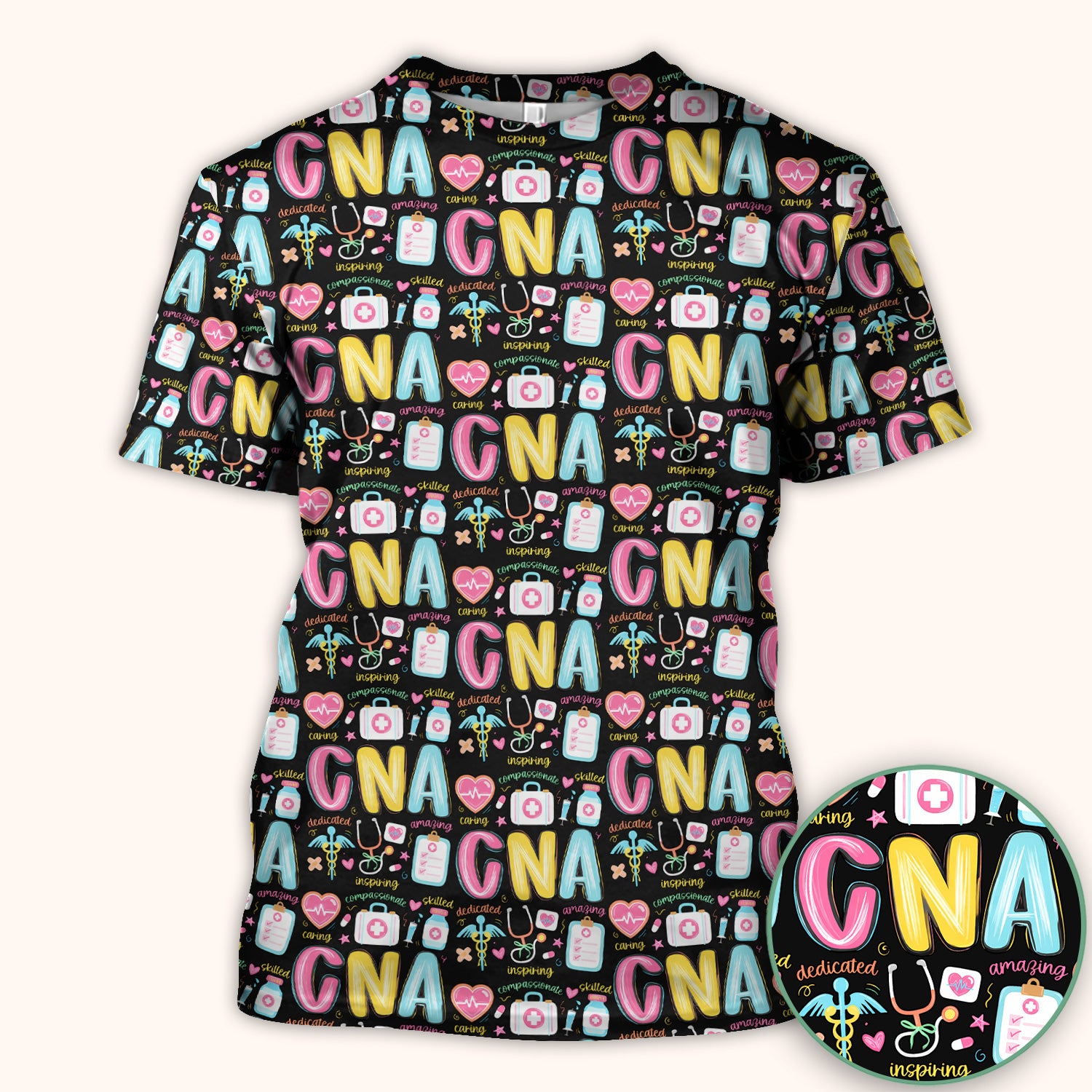CNA Nurse Appreciation Pattern Scrub Top, Breathable Fabrics Nursing Uniform