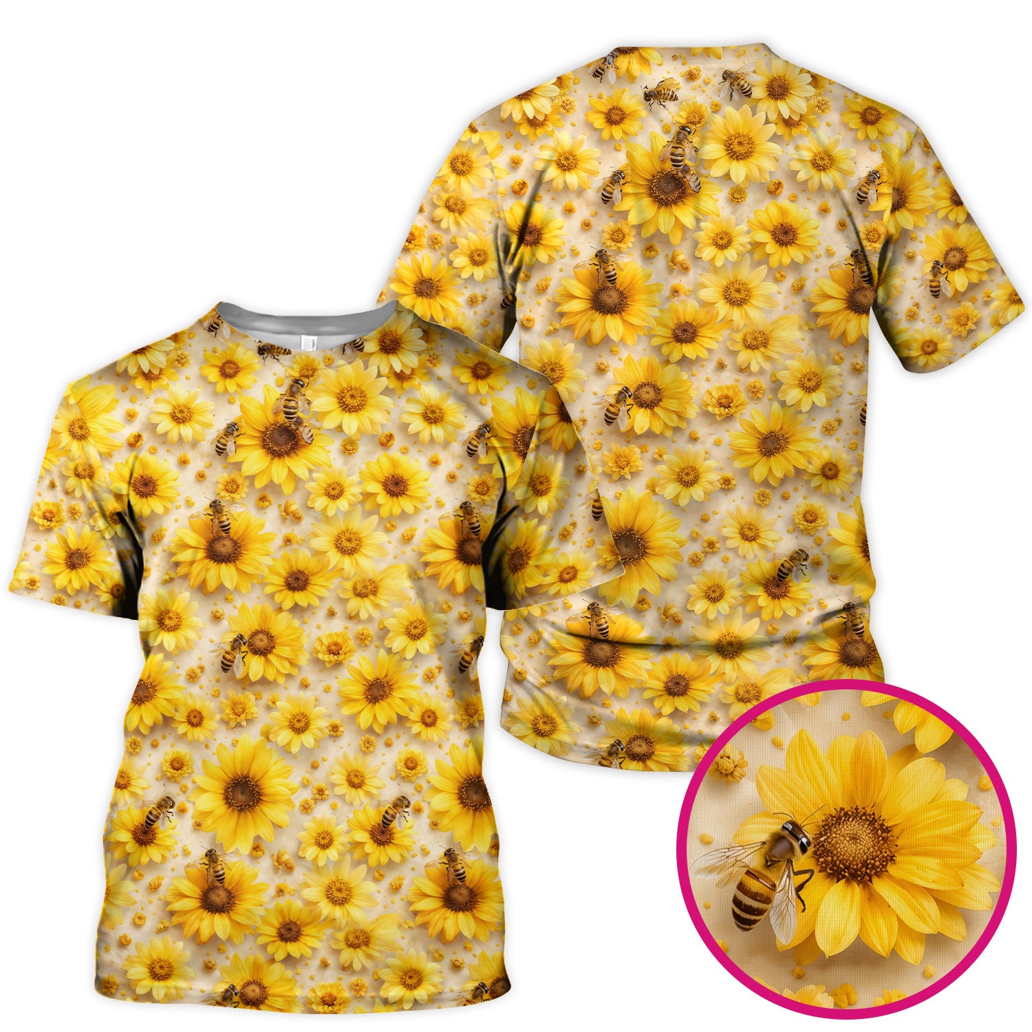 Yellow Sunflower Bee Garden Bloom Pattern Scrub Top, Breathable Fabrics Nursing Uniform