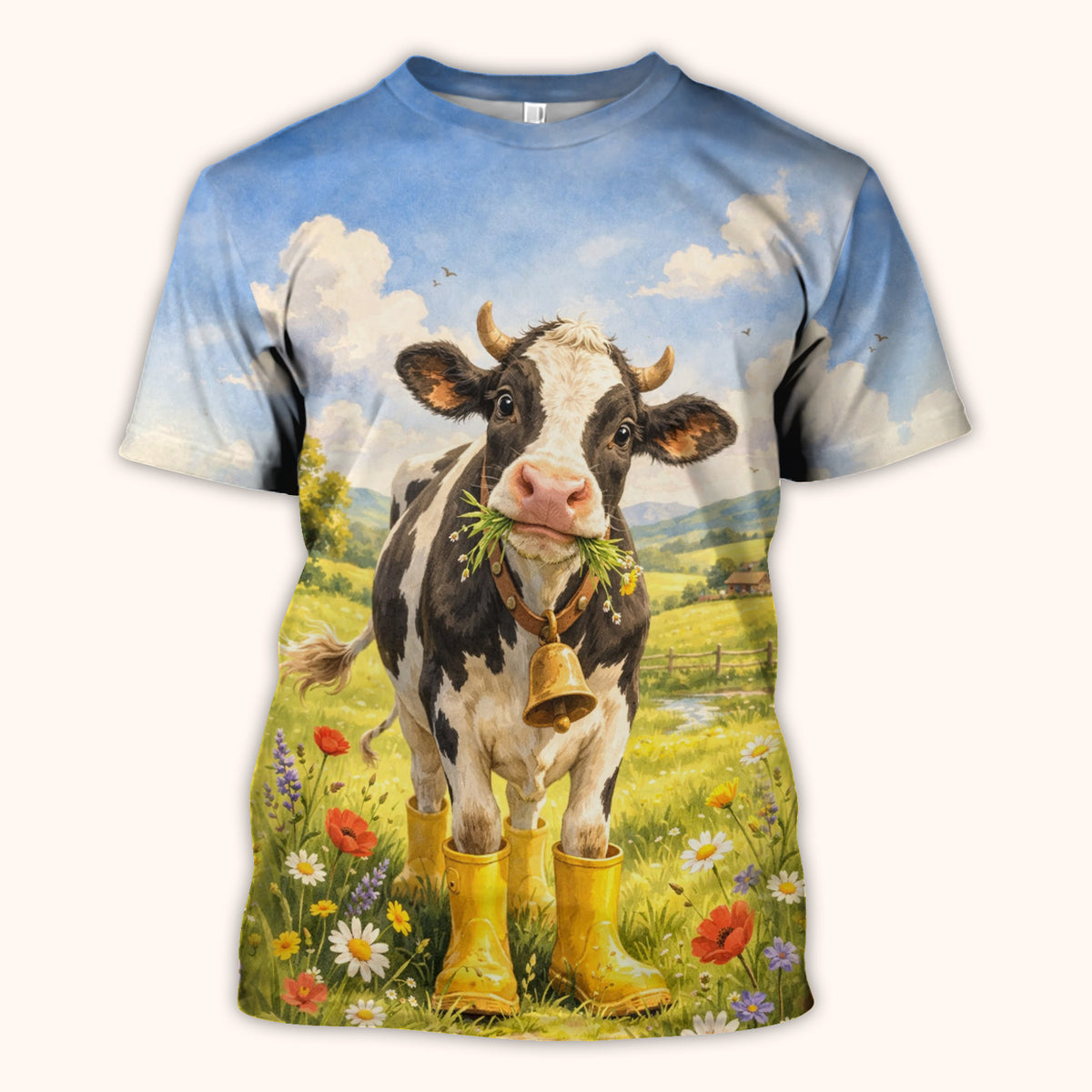 Cute Cow Wearing Boots Meadow Scene Pattern Scrub Top, Comfortable Scrubs for Nurses