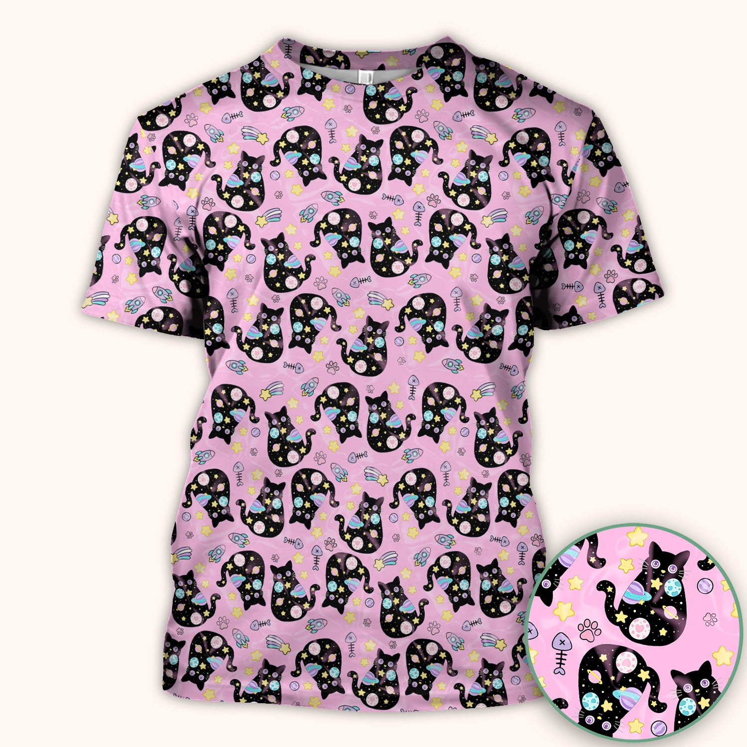 Galaxy Black Cat Space Pattern Scrub Top, Breathable Fabrics Nursing Uniform