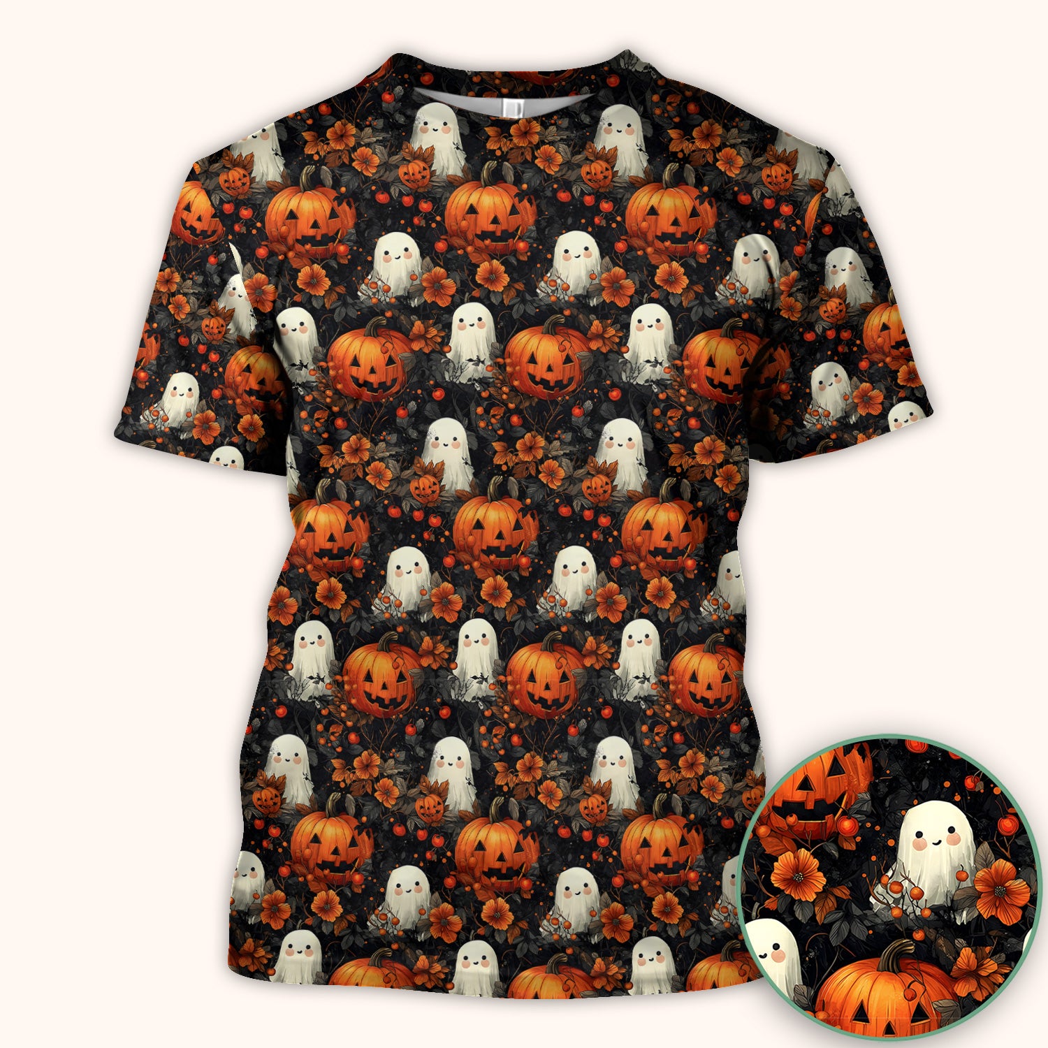 Spooky Halloween Ghost And Pumpkin Pattern Scrub Top, Comfortable Scrubs for Nurses