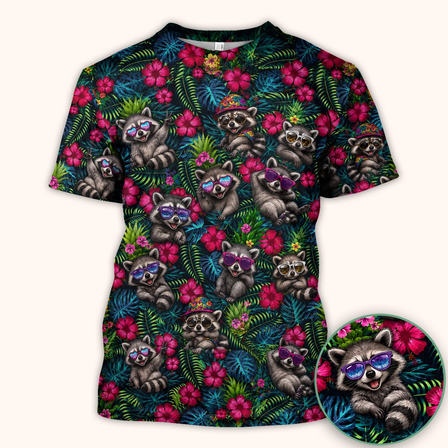 Tropical Raccoon Nurse Floral Pattern Scrub Top, Comfortable Scrubs for Nurses