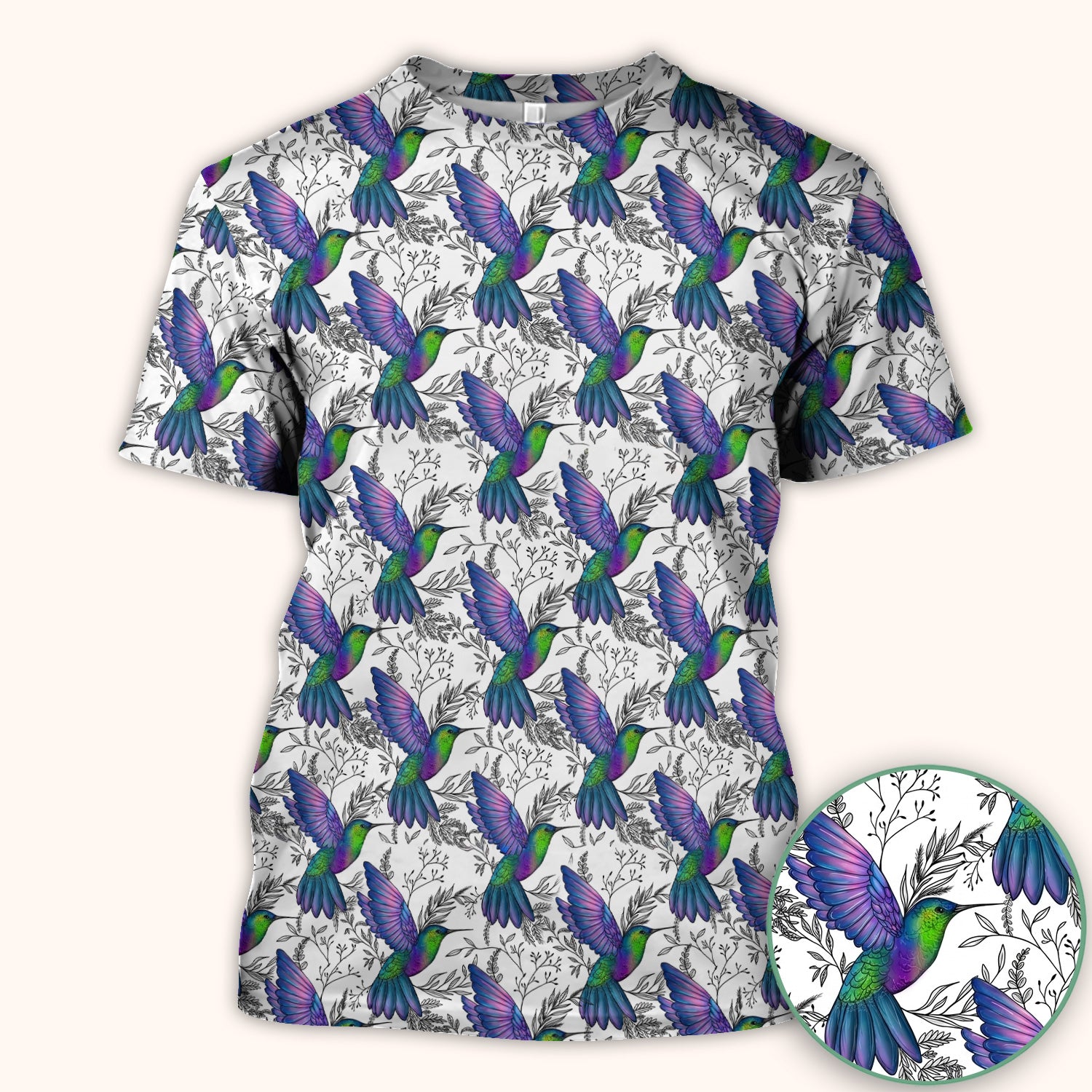 Colorful Hummingbird Flying Botanical Pattern Scrub Top, Comfortable Scrubs for Nurses