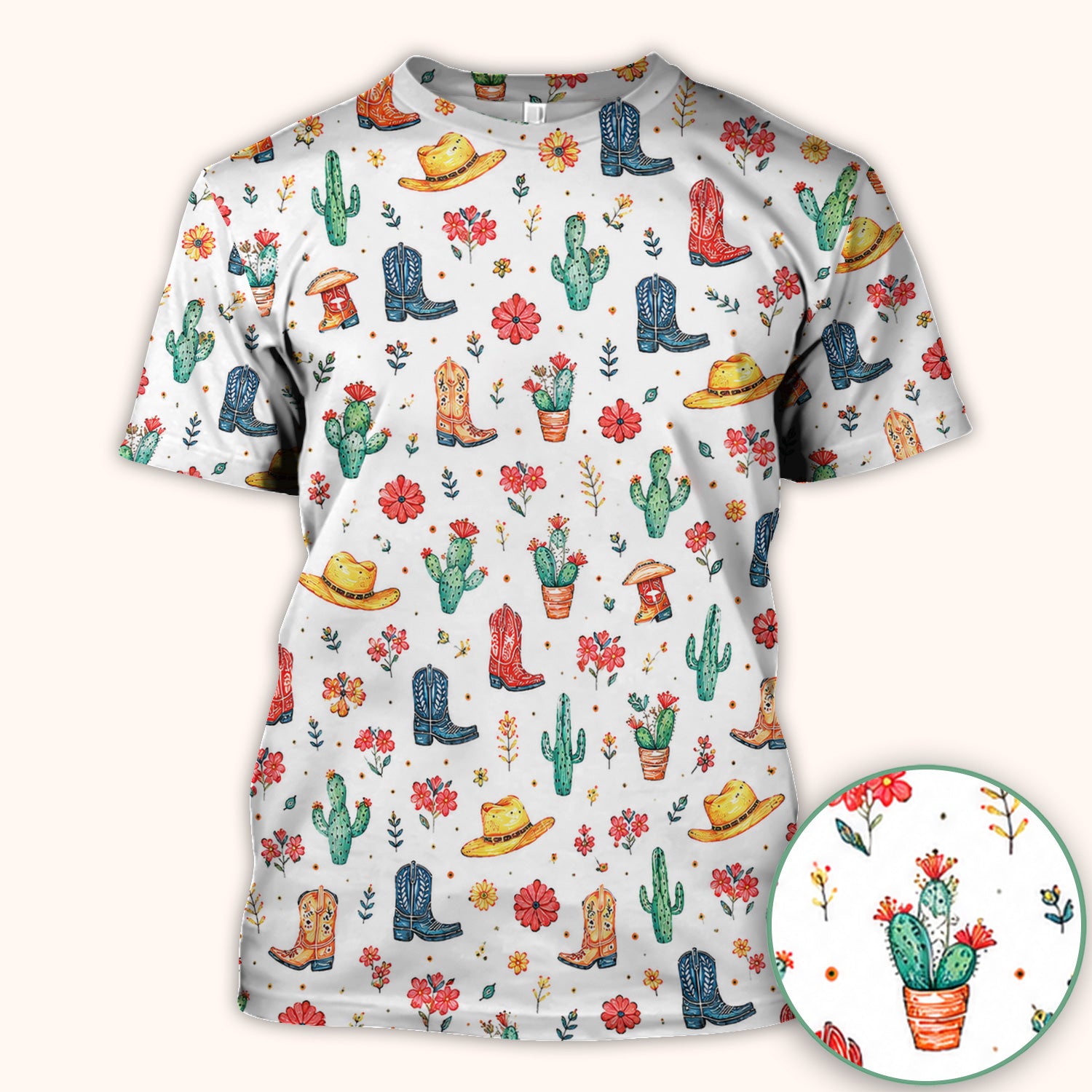 Whimsical Western Cactus Boots Pattern Scrub Top, Breathable Fabrics Nursing Uniform