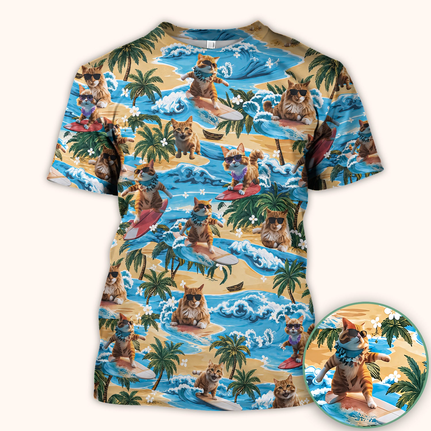Tropical Surfing Cat with Beach Wave Island Print Scrub Top, Comfortable Scrubs for Nurses