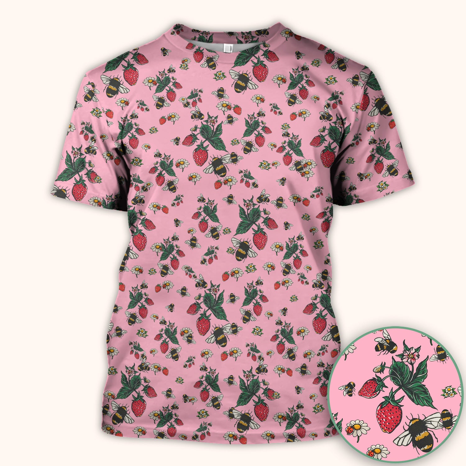 Cute Strawberry Bee Daisy Floral Pattern Scrub Top, Comfortable Scrubs for Nurses