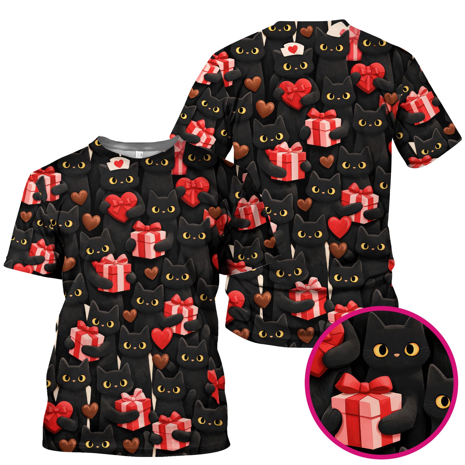Black Cat Valentine Nurse Scrub Top, Heart Pattern Medical Shirt, Breathable Fabrics Nursing Uniform