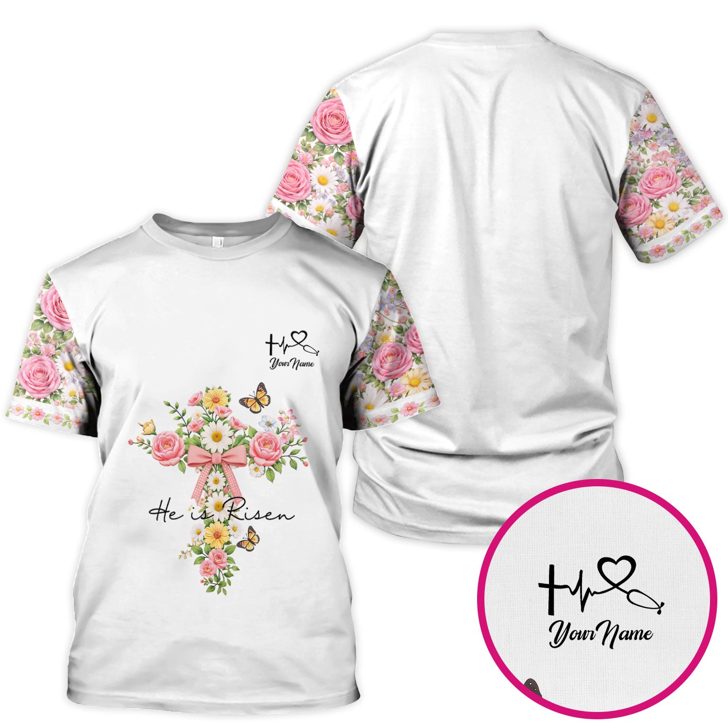 Personalized Meaningful Easter Nurse He Is Risen Floral Cross Bow Pattern Scrub Top, Comfortable Scrubs for Nurses