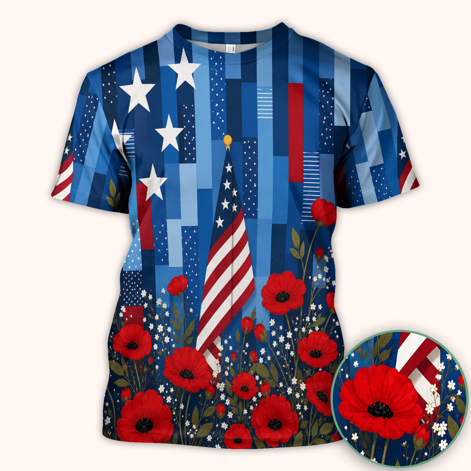 Patriotic Nurse Flag Poppy Pattern Scrub Top, Breathable Fabrics Nursing Uniform