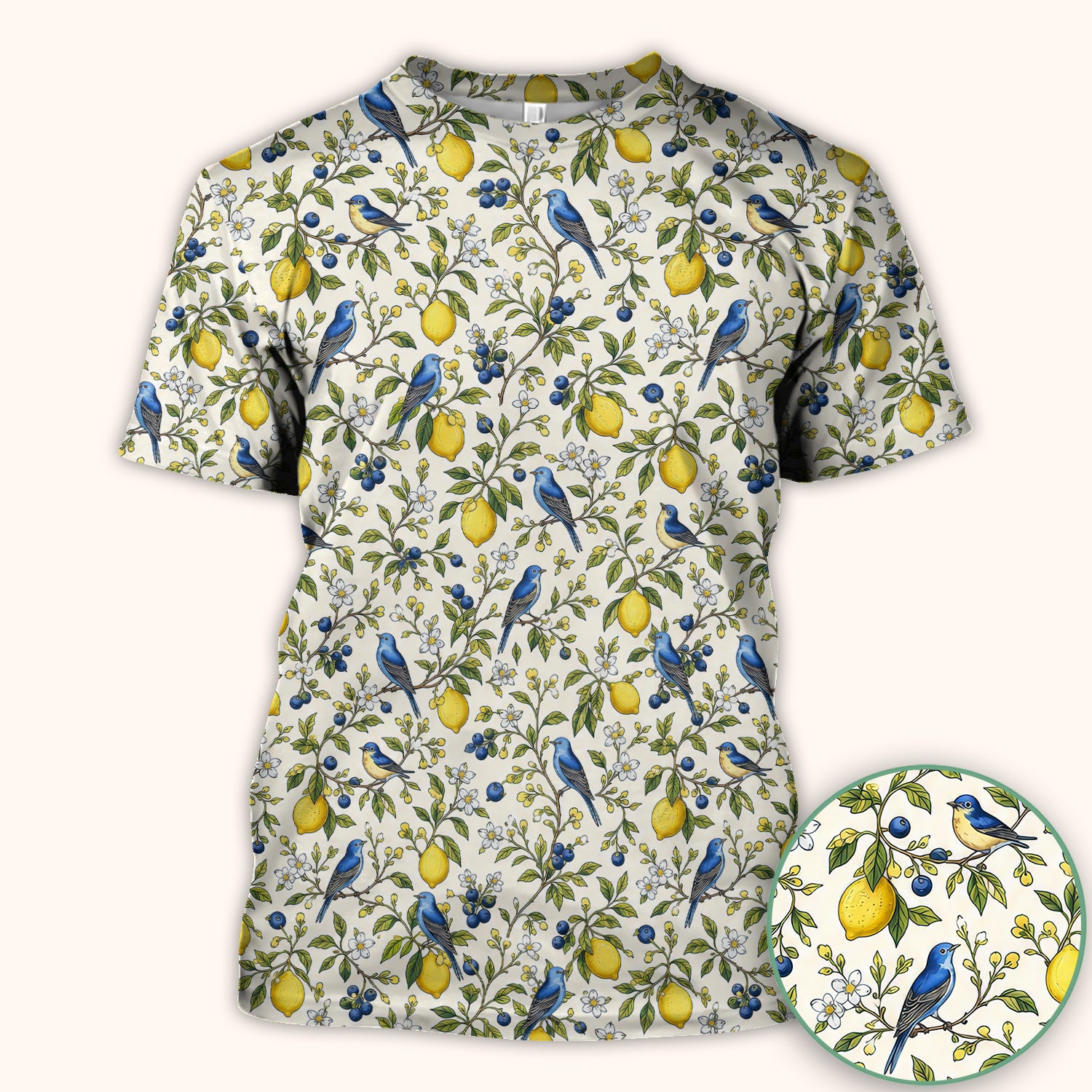 Bluebird Lemon Blossom Pattern Scrub Top, Comfortable Scrubs for Nurses