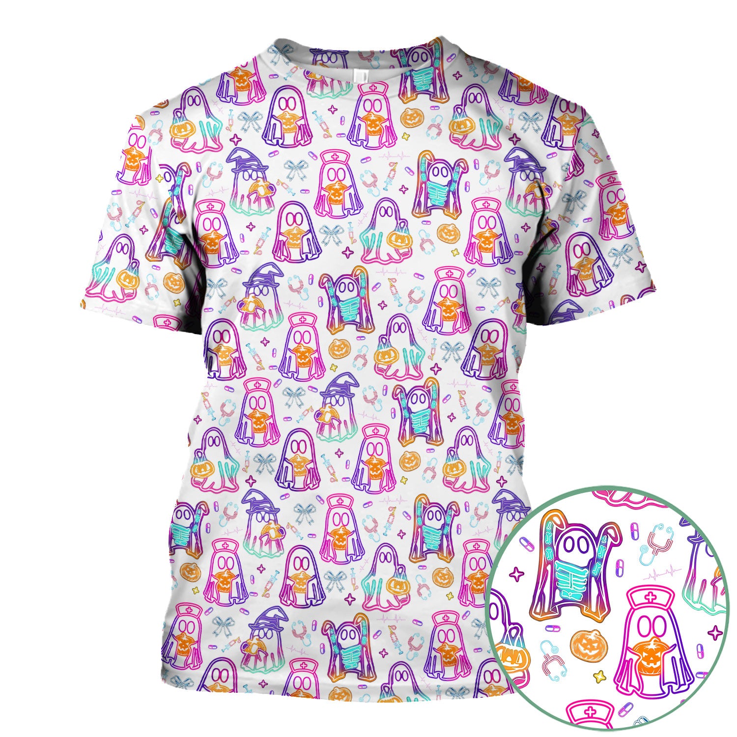 Halloween Nurse Scrub Top for Women - Cute Neon Ghost Medical Uniform - Funny Spooky Nursing Shirt RN CNA LPN Gift