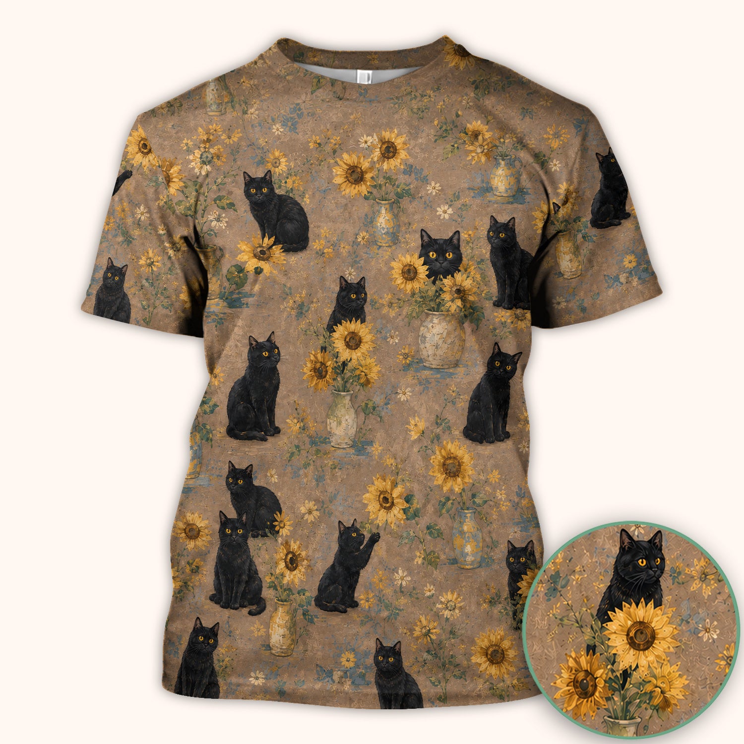 Rustic Sunflower Black Cat Print Scrub Top, Comfortable Scrubs for Nurses