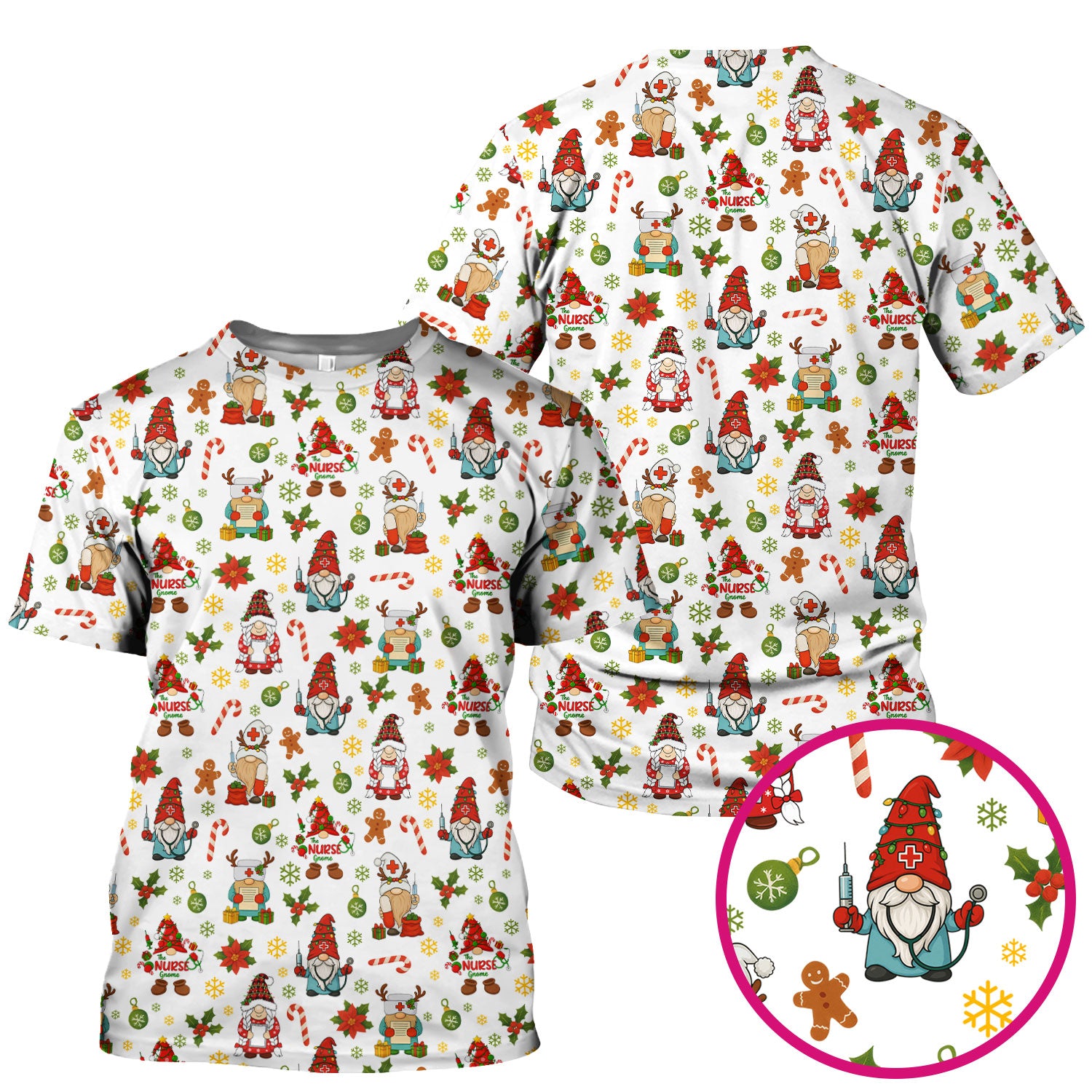 Christmas Gnome Nurse Scrub Top - Cute Holiday Santa Reindeer Print Scrubs - Funny Xmas Medical Scrub Shirt Gift for Women, CNA, RN, Doctor