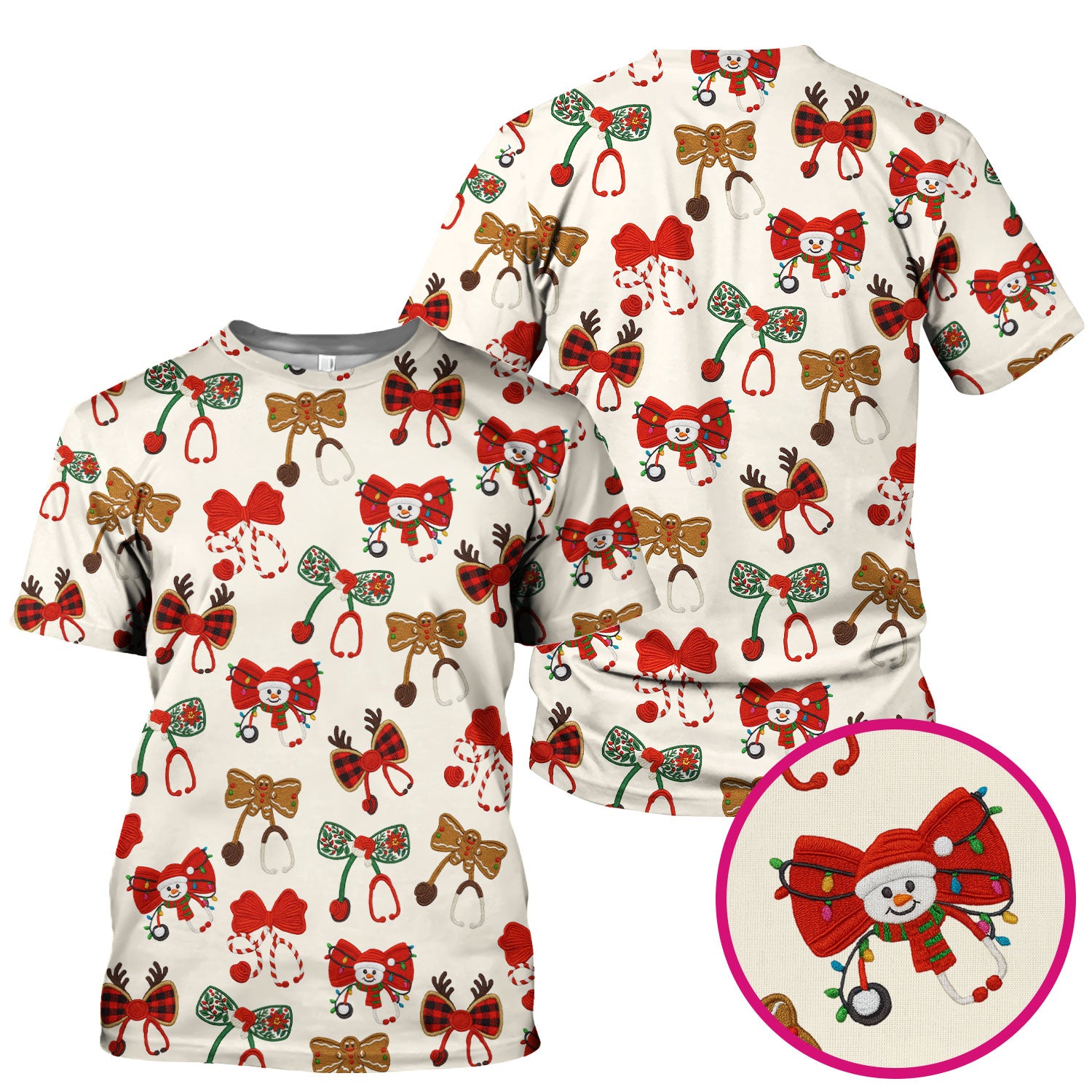 Christmas Stethoscope Bow Nurse Scrub Top, Xmas Pattern Scrub Shirt, Holiday Nursing Uniform