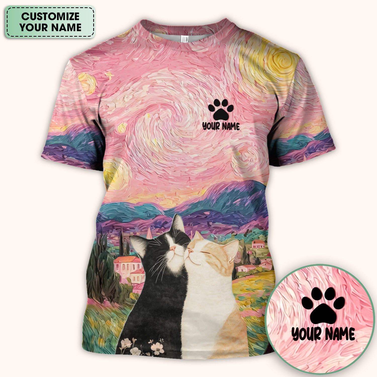 Personalized Cat Couple Sunset Swirl Sky Landscape Pattern Scrub Top, Comfortable Scrubs for Nurses
