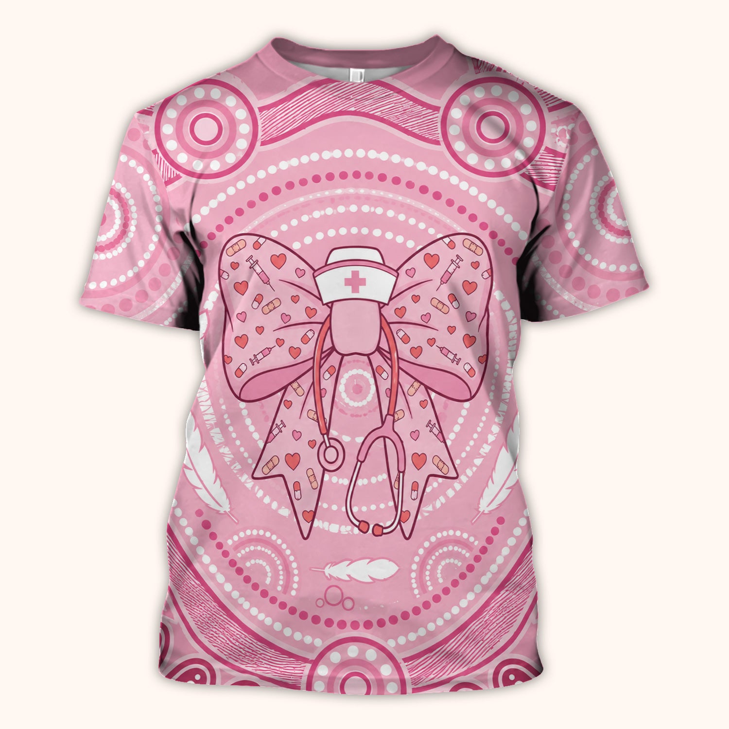 Pink Nurse Bow Stethoscope Pattern Scrub Top, Comfortable Scrubs for Nurses