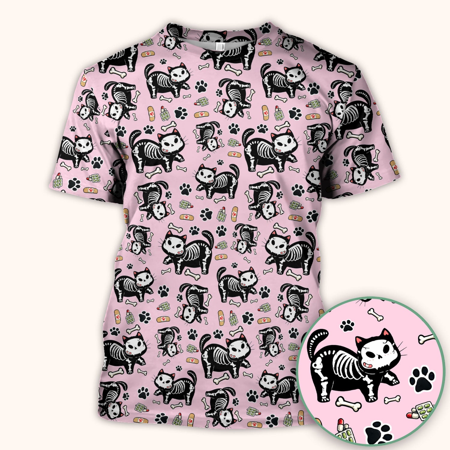 Skeleton Cat Medical Pattern Scrub Top, Comfortable Scrubs for Nurses