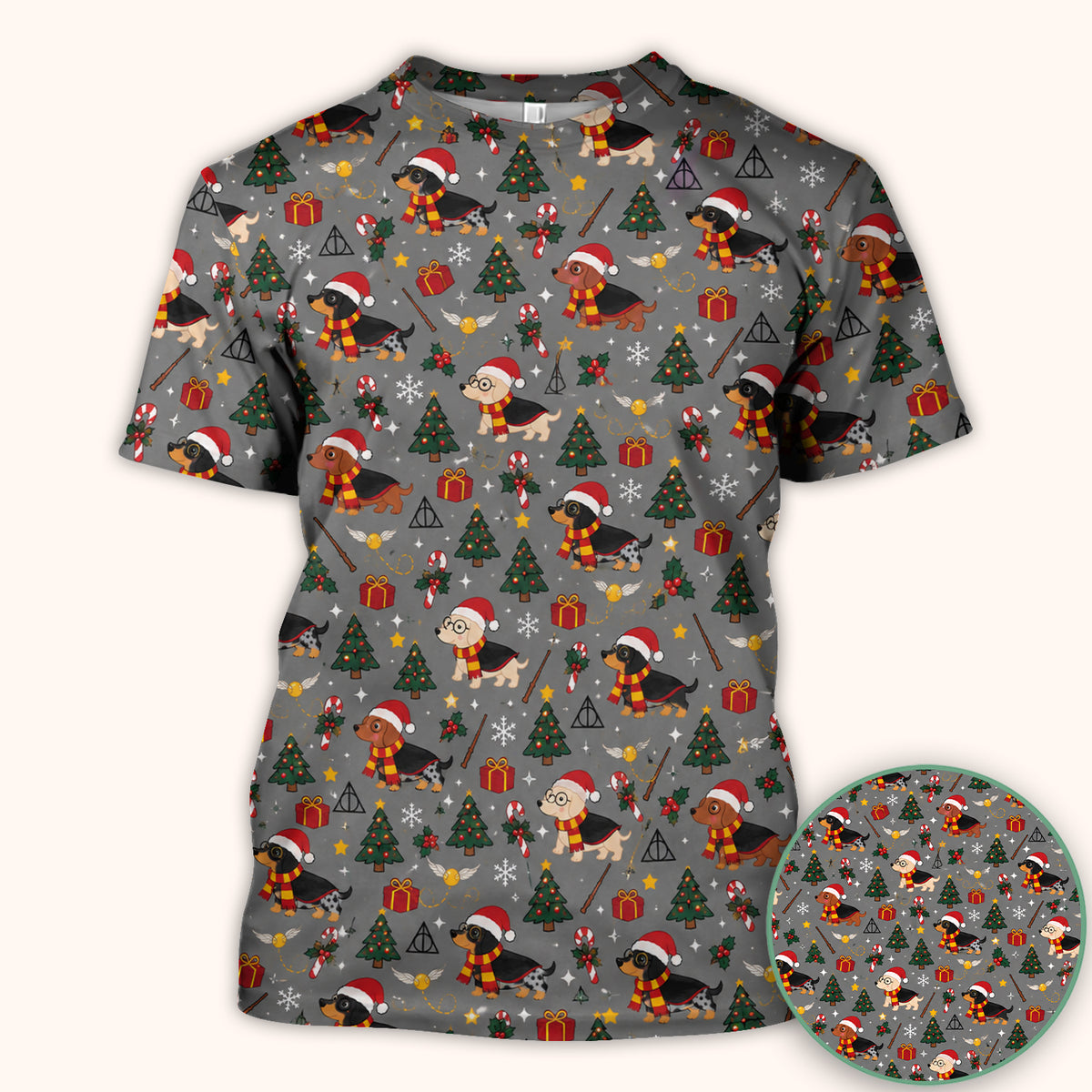 Christmas Wizard Dachshunds Pattern Scrub Top, Comfortable Scrubs for Nurses