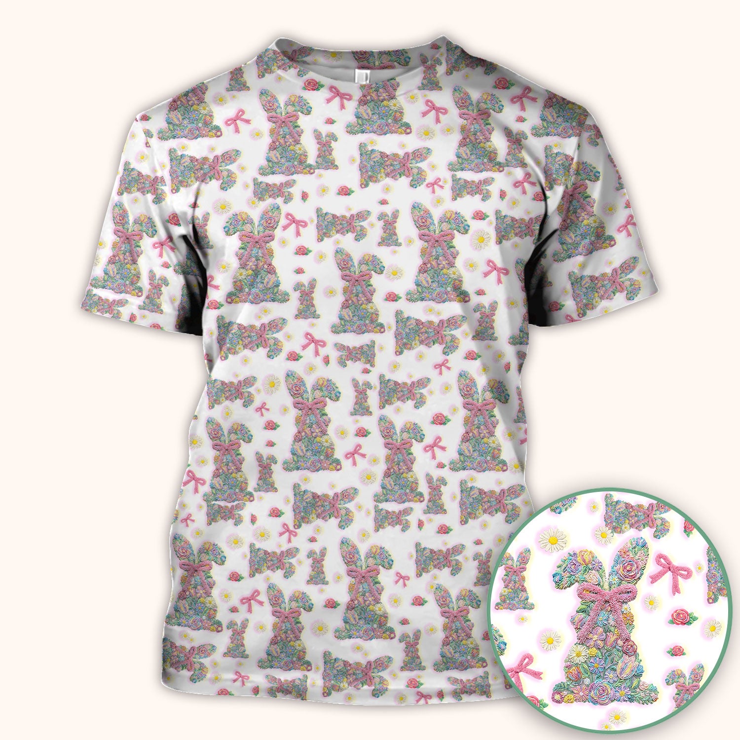 Colorful Floral Bunny with Pink Bow Pattern Scrub Top, Breathable Fabrics Nursing Uniform, Easter