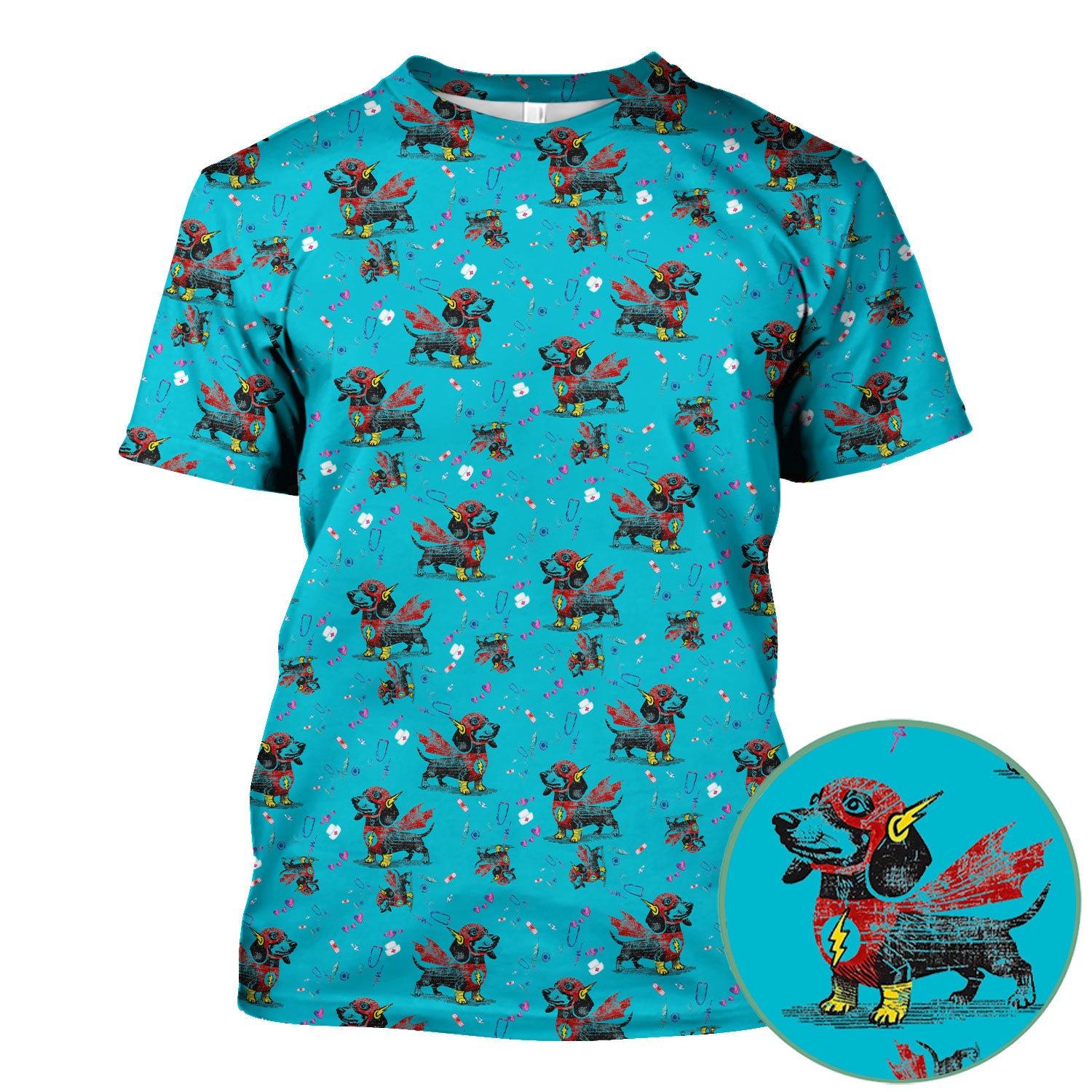 Super Nurse Dachshund Scrub Shirt - Hero Sausage Dog Print Medical Top - Funny Dog Print Gift for Nurses RN CNA LPN