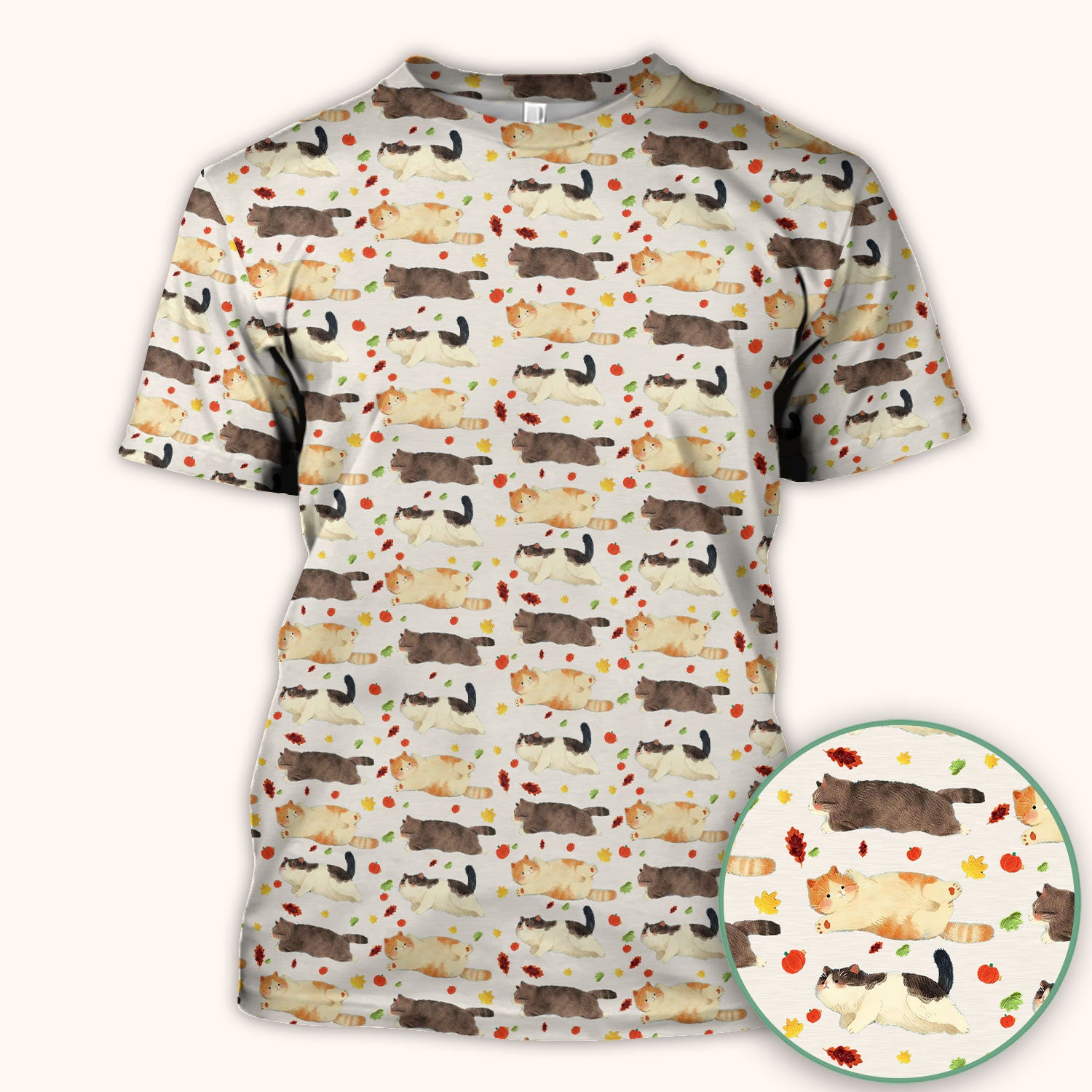 Chubby Cat Autumn Leaves Print Scrub Top, Breathable Fabrics Nursing Uniform