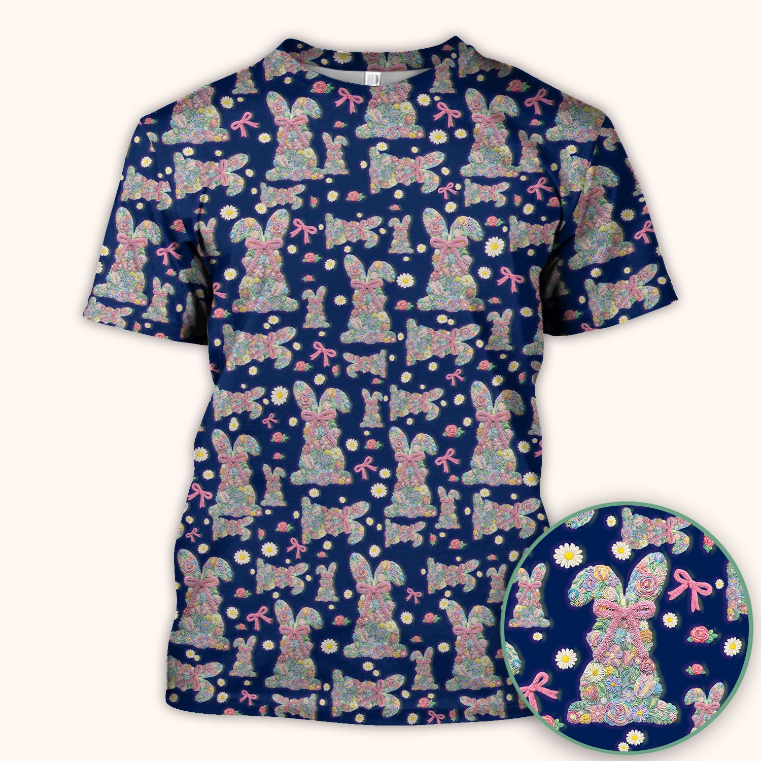Colorful Floral Bunny with Pink Bow Pattern Scrub Top, Breathable Fabrics Nursing Uniform, Easter