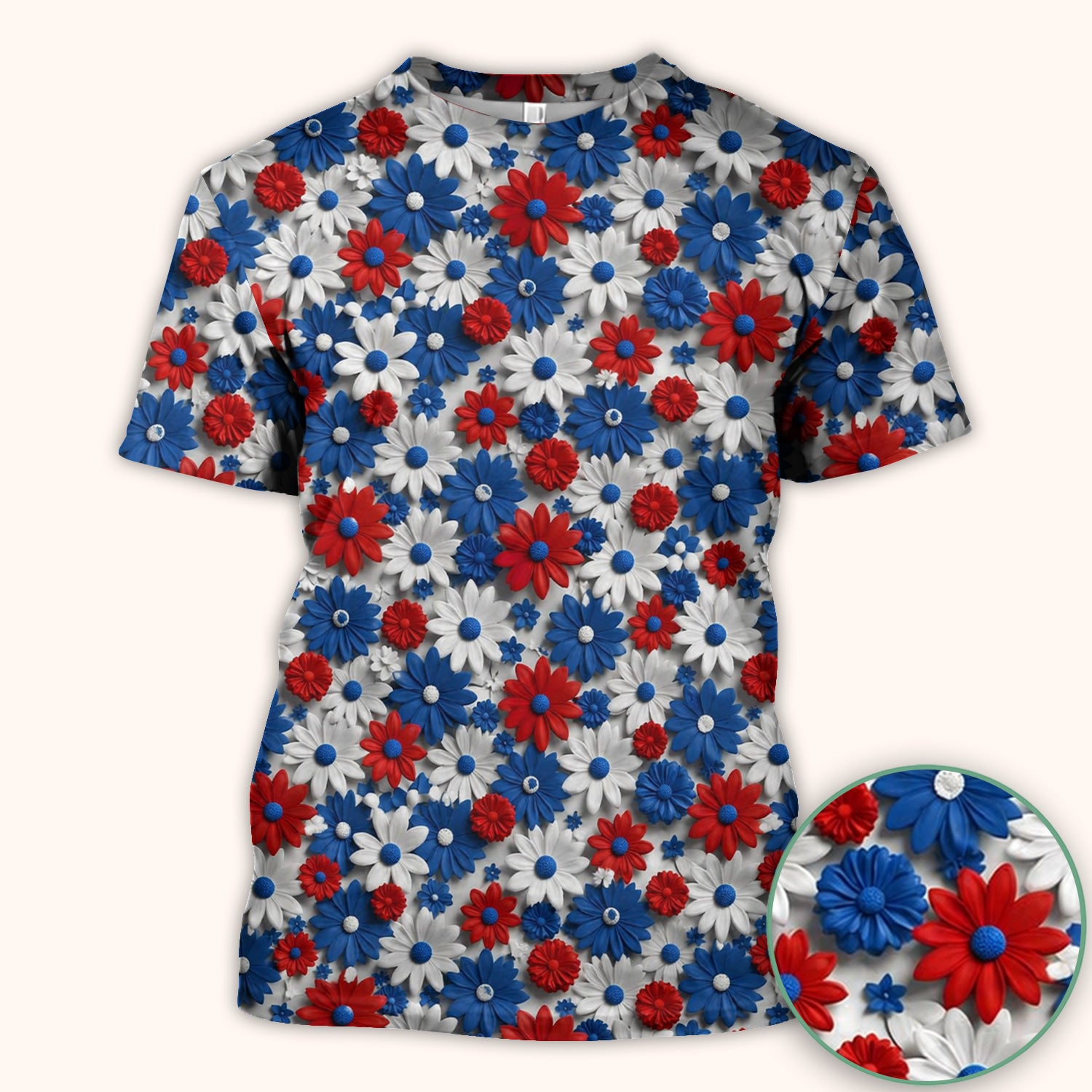 Patriotic Red Blue Daisy Floral Pattern Scrub Top, Comfortable Scrubs for Nurses